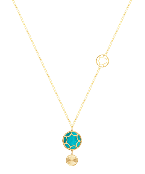 Roma Dual Descending Motif Necklace 18k Yellow Gold With Turquoise Blue Coloured Mother Of Pearl