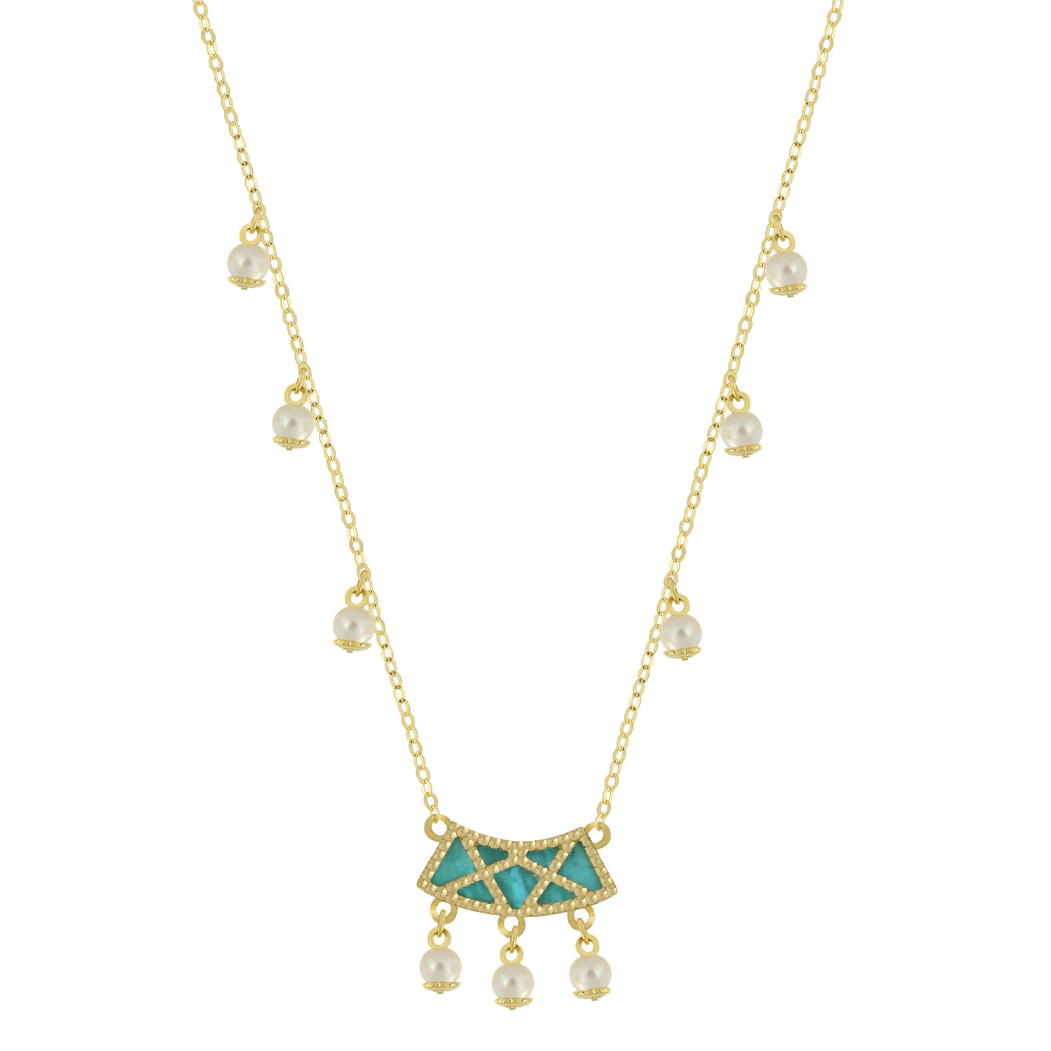 Arabiya 18K Yellow Gold Necklace With Green And White Mother Of Pearl And White Freshwater Pearl
