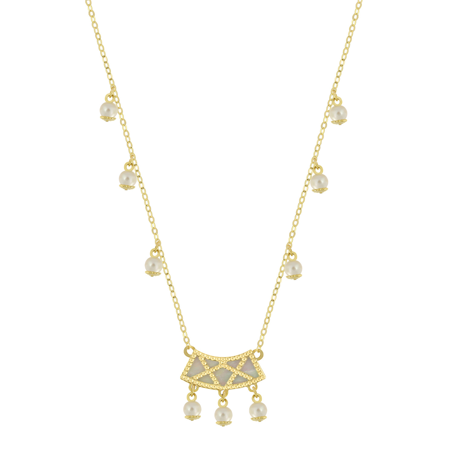 Arabiya 18K Yellow Gold Necklace With Green And White Mother Of Pearl And White Freshwater Pearl