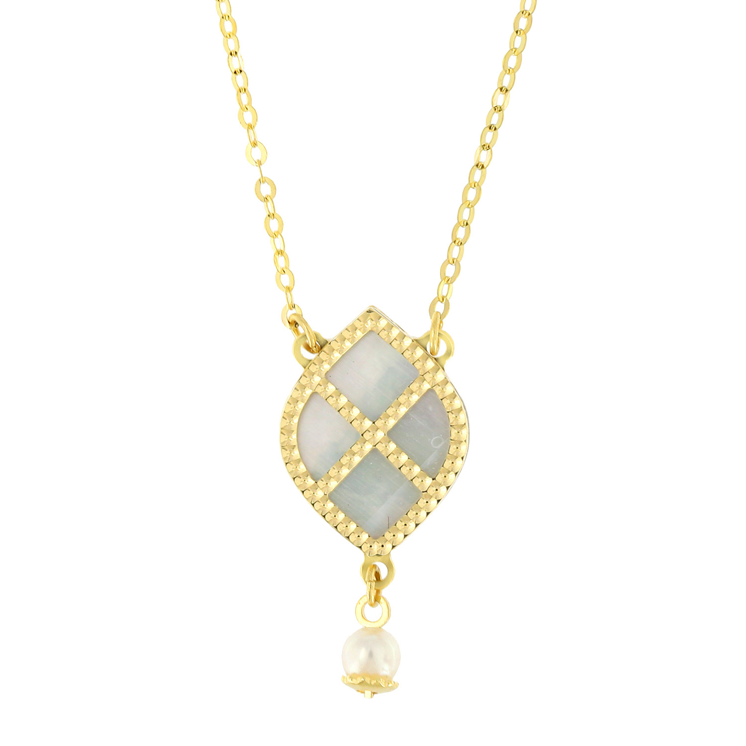 Arabiya 18K Yellow Gold Necklace With Blue And White Mother Of Pearl And White Freshwater Pearl