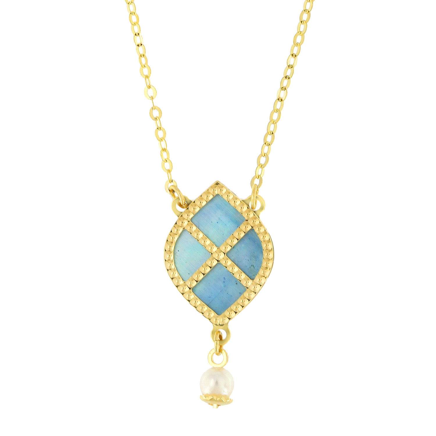 Arabiya 18K Yellow Gold Necklace With Blue And White Mother Of Pearl And White Freshwater Pearl