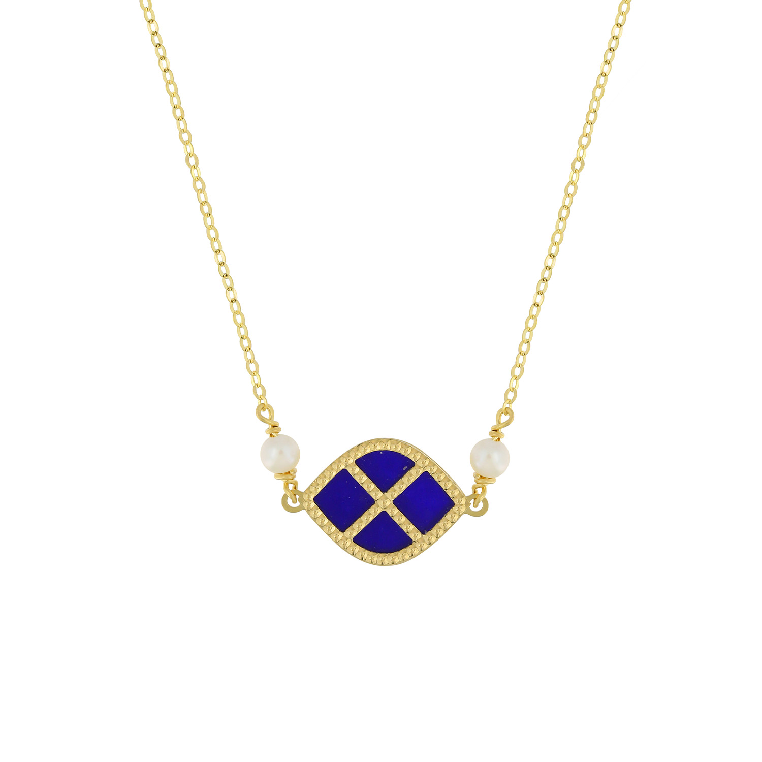 Arabiya 18K Yellow Gold Necklace With Electric Blue And White Mother Of Pearl And White Freshwater Pearl