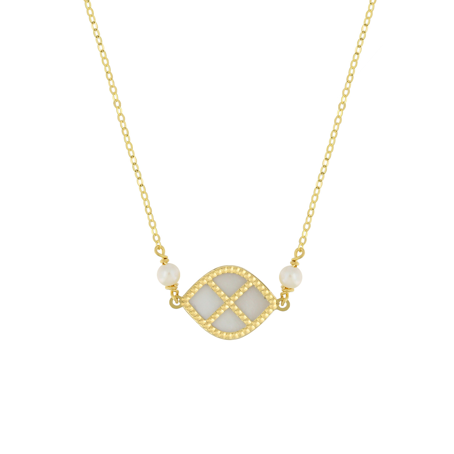 Arabiya 18K Yellow Gold Necklace With Electric Blue And White Mother Of Pearl And White Freshwater Pearl