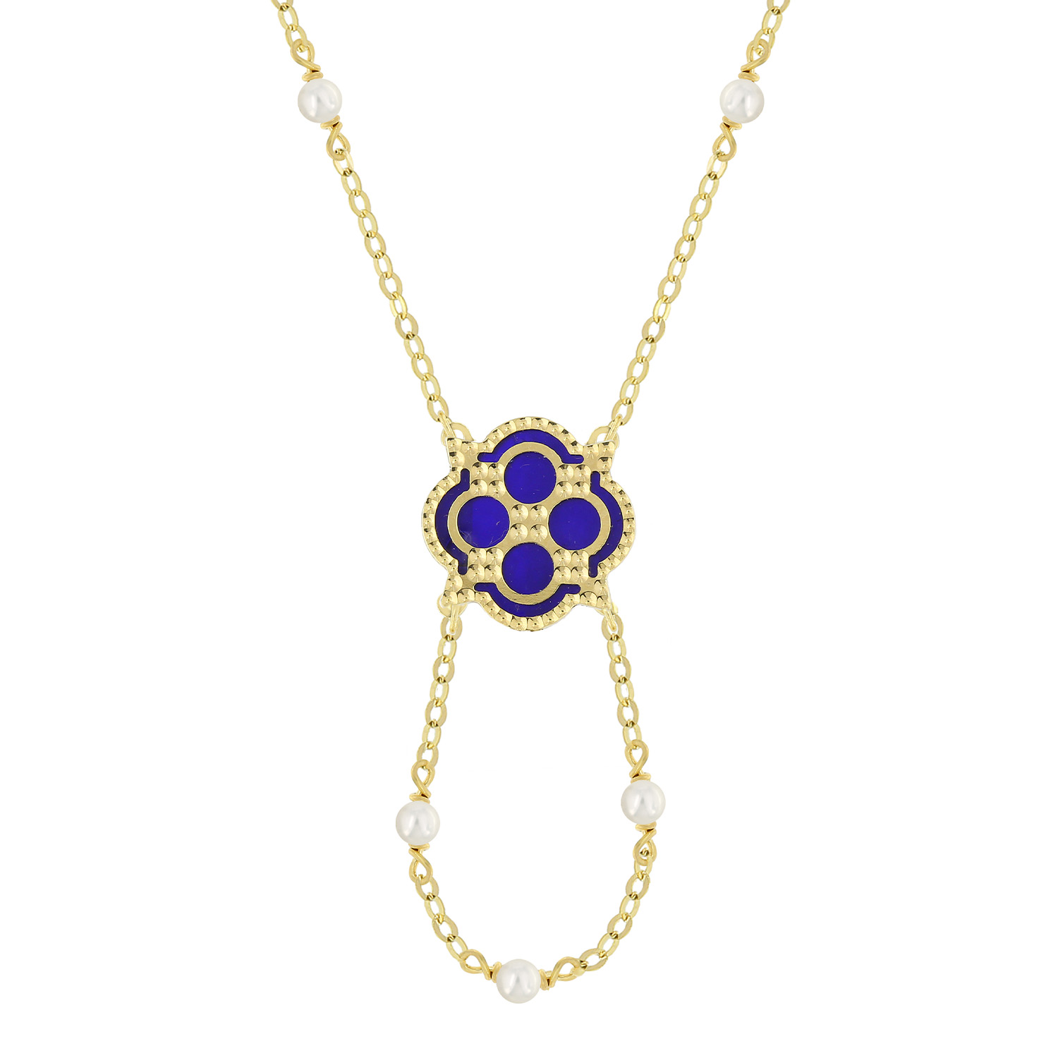Arabiya 18K Yellow Gold Necklace With Electric Blue And White Mother Of Pearl And White Freshwater Pearl