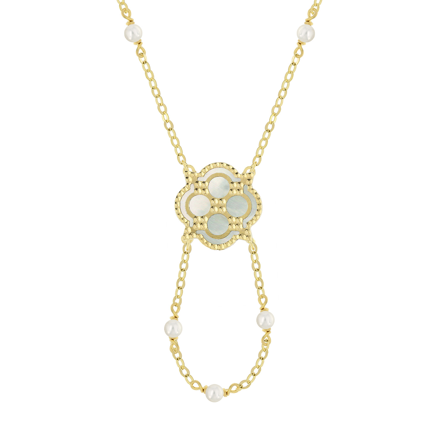 Arabiya 18K Yellow Gold Necklace With Electric Blue And White Mother Of Pearl And White Freshwater Pearl