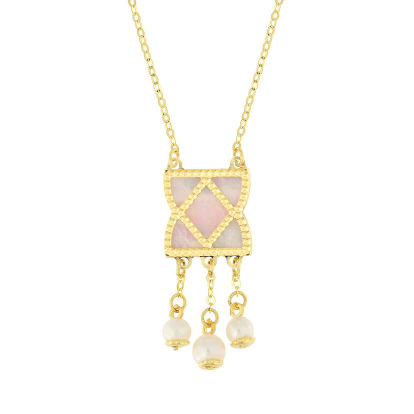 Arabiya 18K Yellow Gold Necklace With Green And White Mother Of Pearl And White Freshwater Pearl