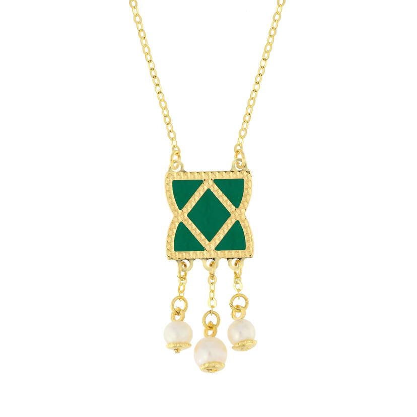 Arabiya 18K Yellow Gold Necklace With Green And White Mother Of Pearl And White Freshwater Pearl
