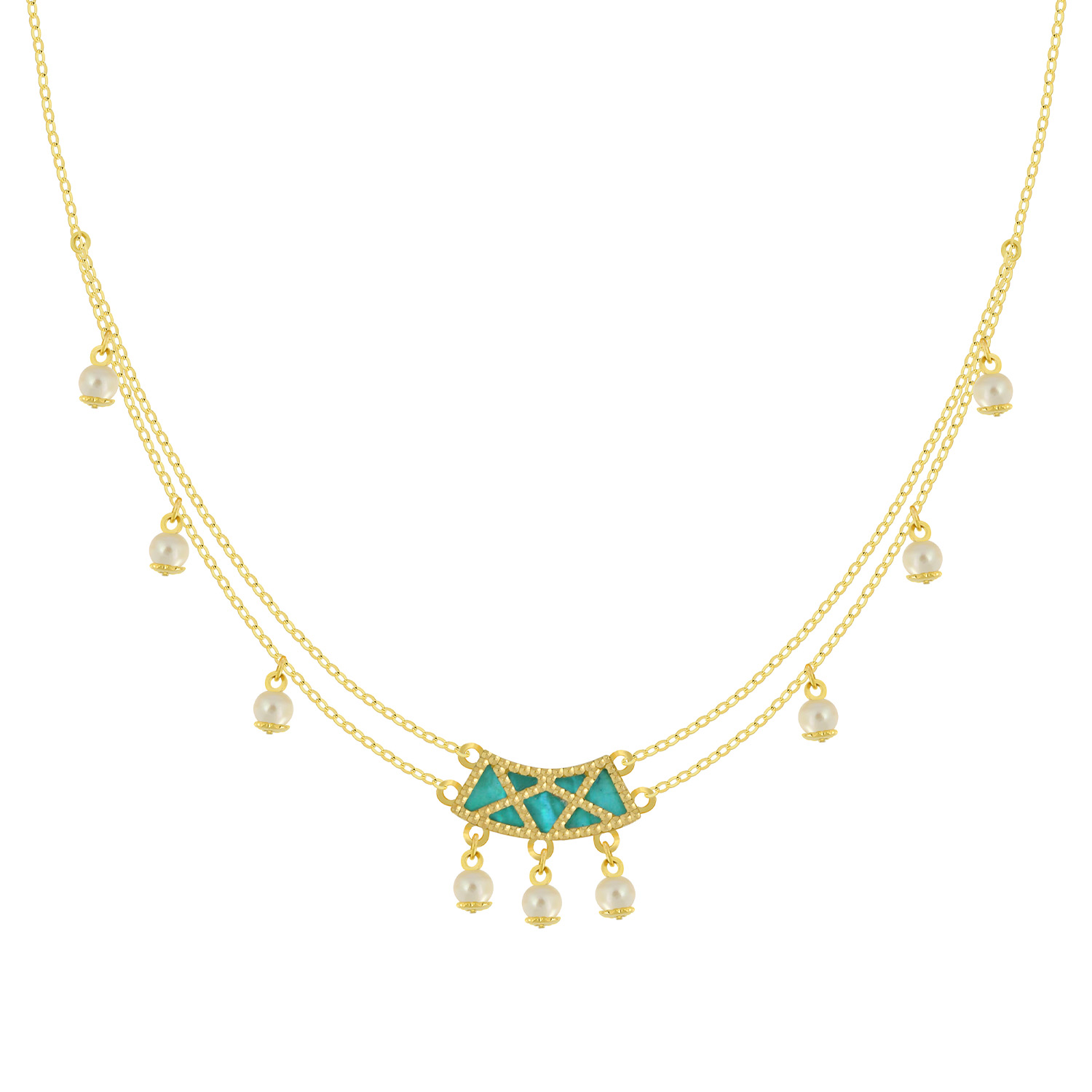 Arabiya 18K Yellow Gold Necklace With Turquoise And White Mother Of Pearl And White Freshwater Pearl