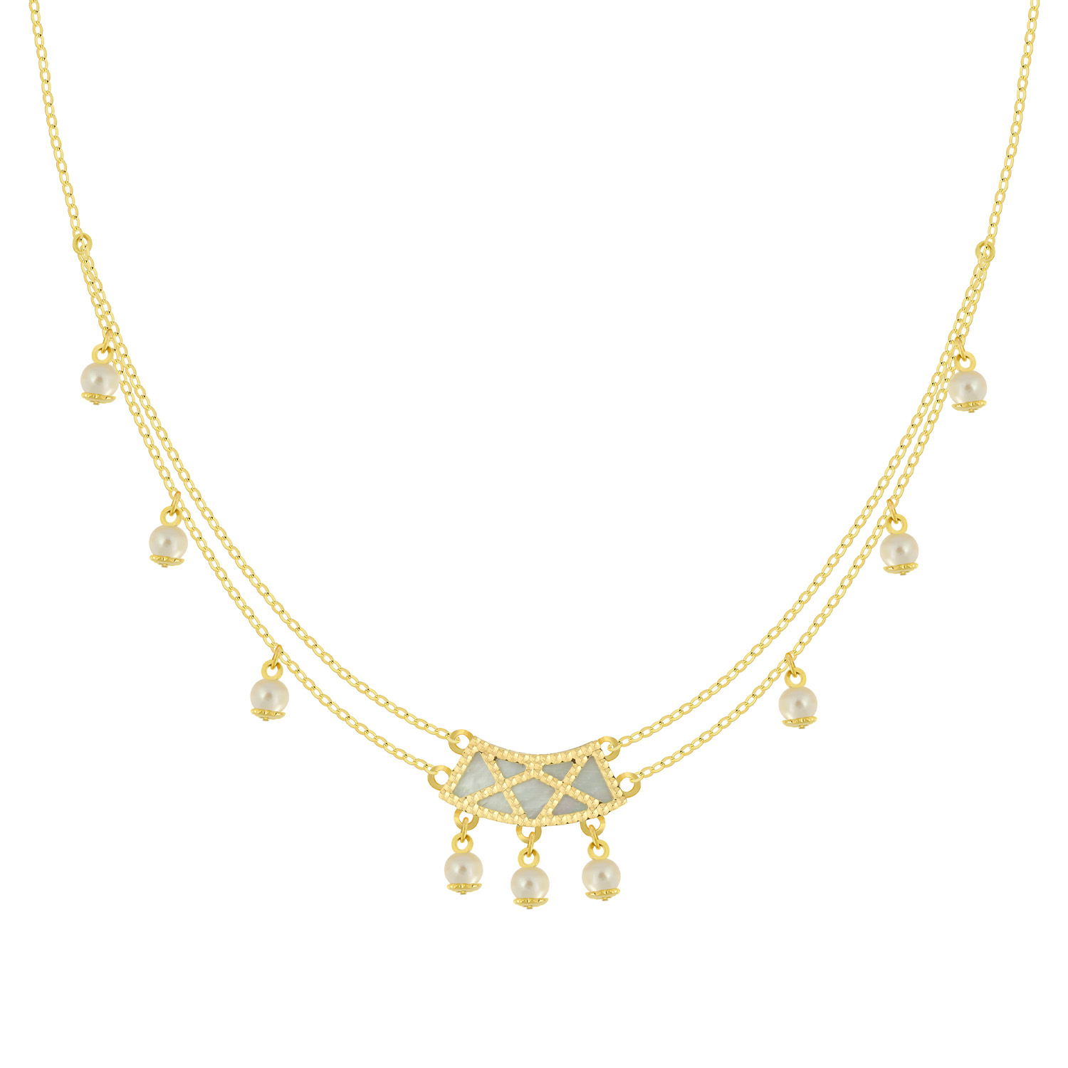 Arabiya 18K Yellow Gold Necklace With Turquoise And White Mother Of Pearl And White Freshwater Pearl