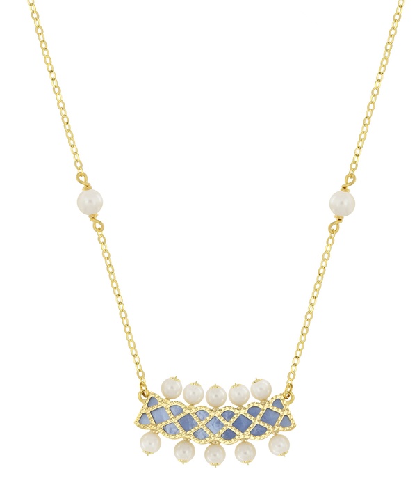 Arabiya 18K Yellow Gold Necklace With Blue And White Mother Of Pearl And White Freshwater Pearl