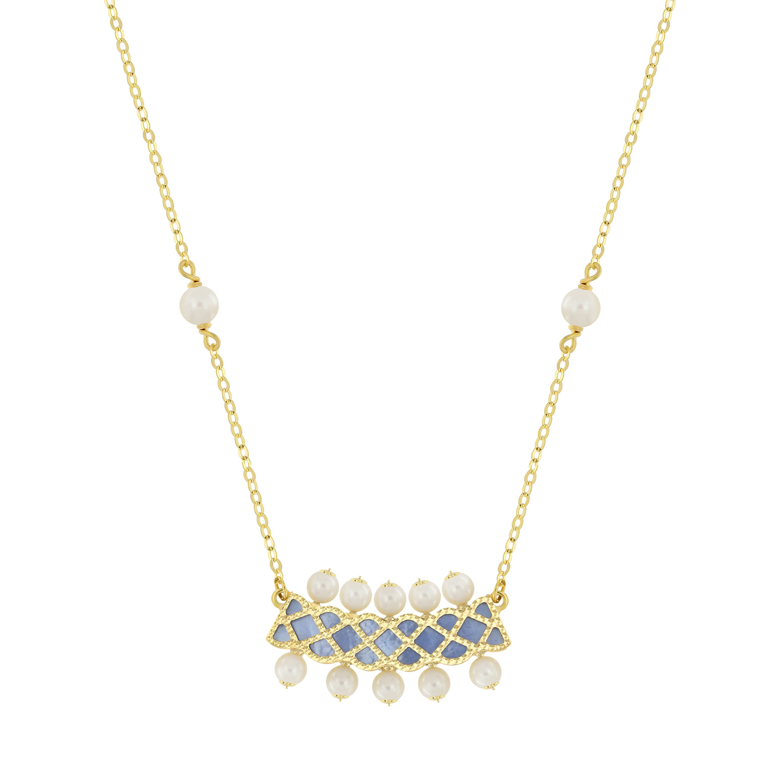 Arabiya 18K Yellow Gold Necklace With Blue And White Mother Of Pearl And White Freshwater Pearl