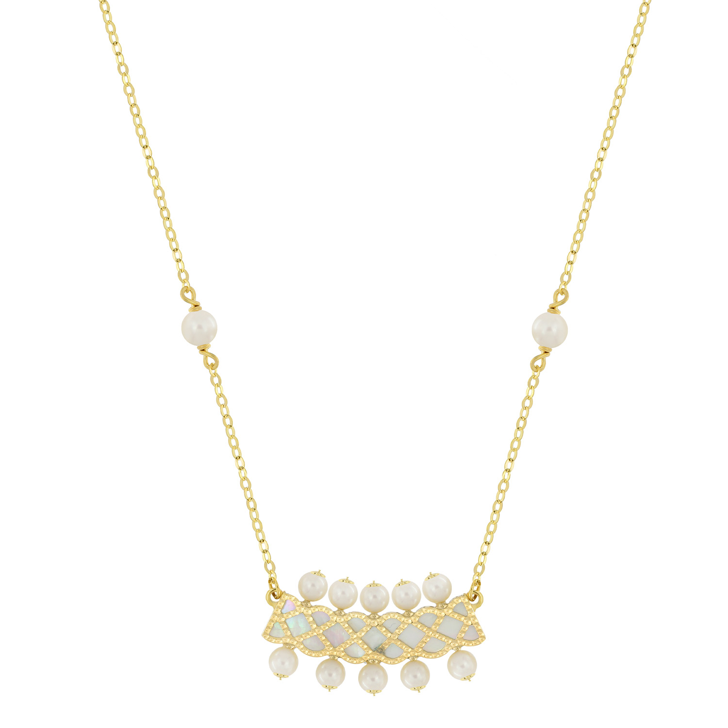 Arabiya 18K Yellow Gold Necklace With Blue And White Mother Of Pearl And White Freshwater Pearl