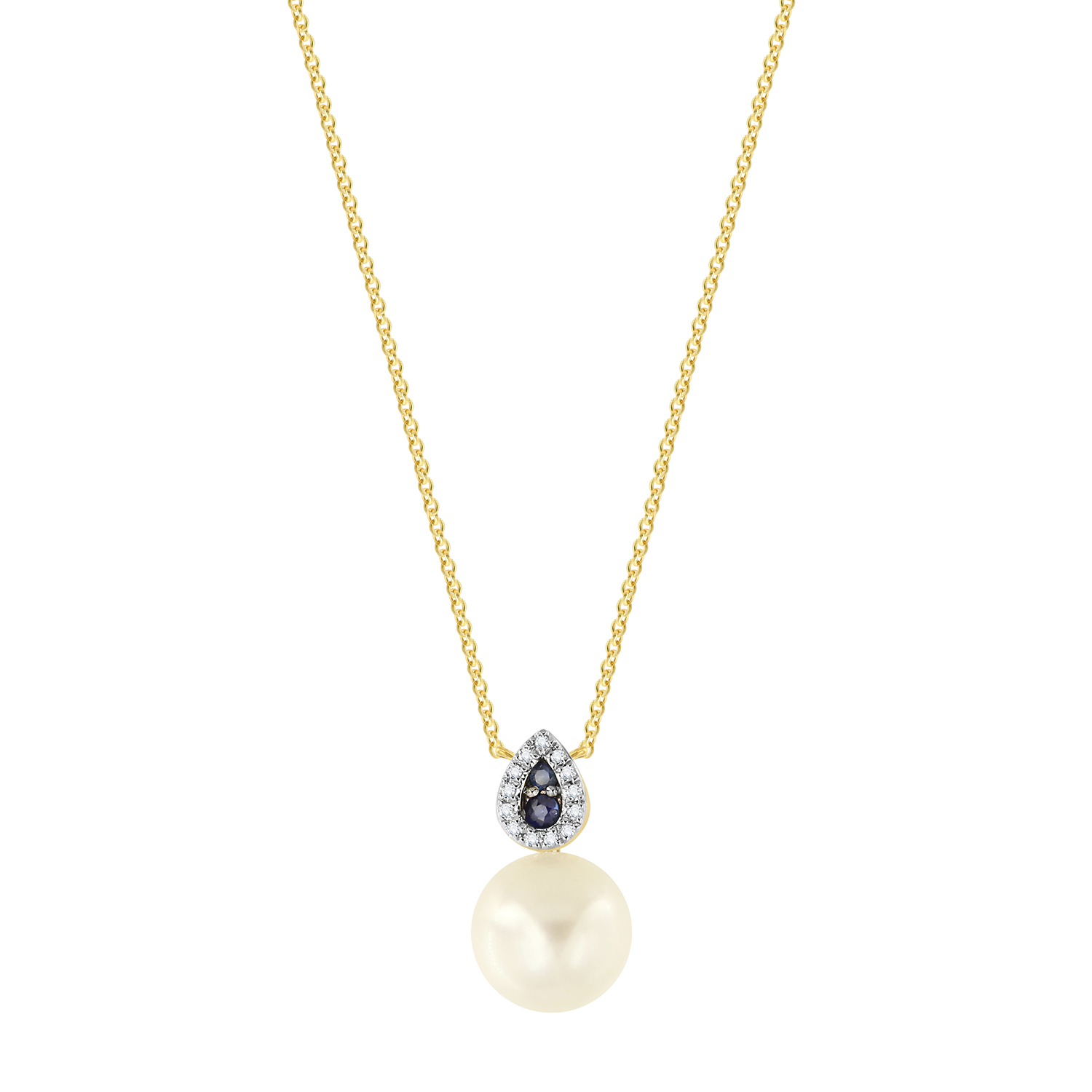 Cadeau 18k Yellow Gold Pearl Diamond And Blue Sapphire Necklace