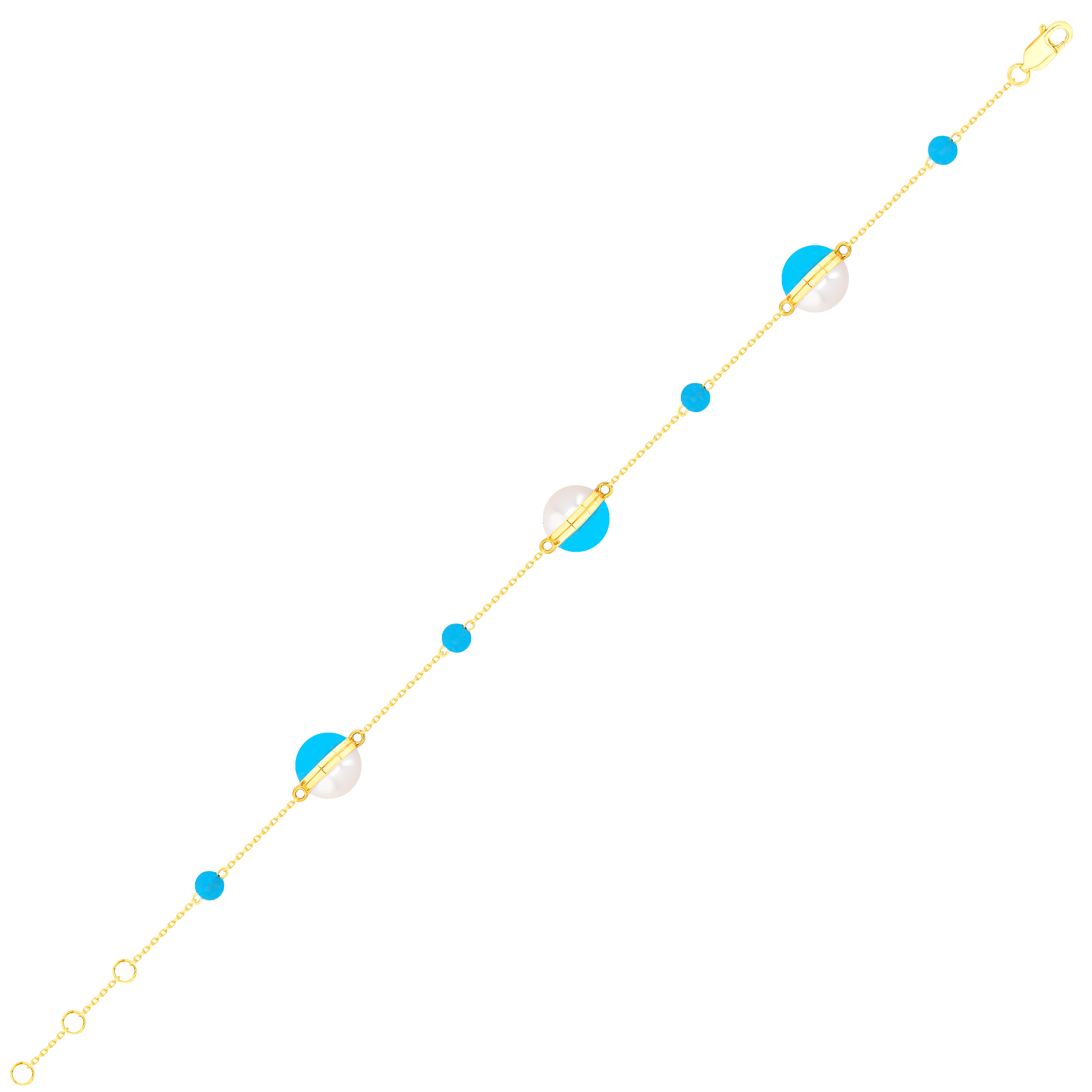 Glow Sphere Bracelet In 18K Yellow Gold With Freshwater Pearls And Turquoise Stones