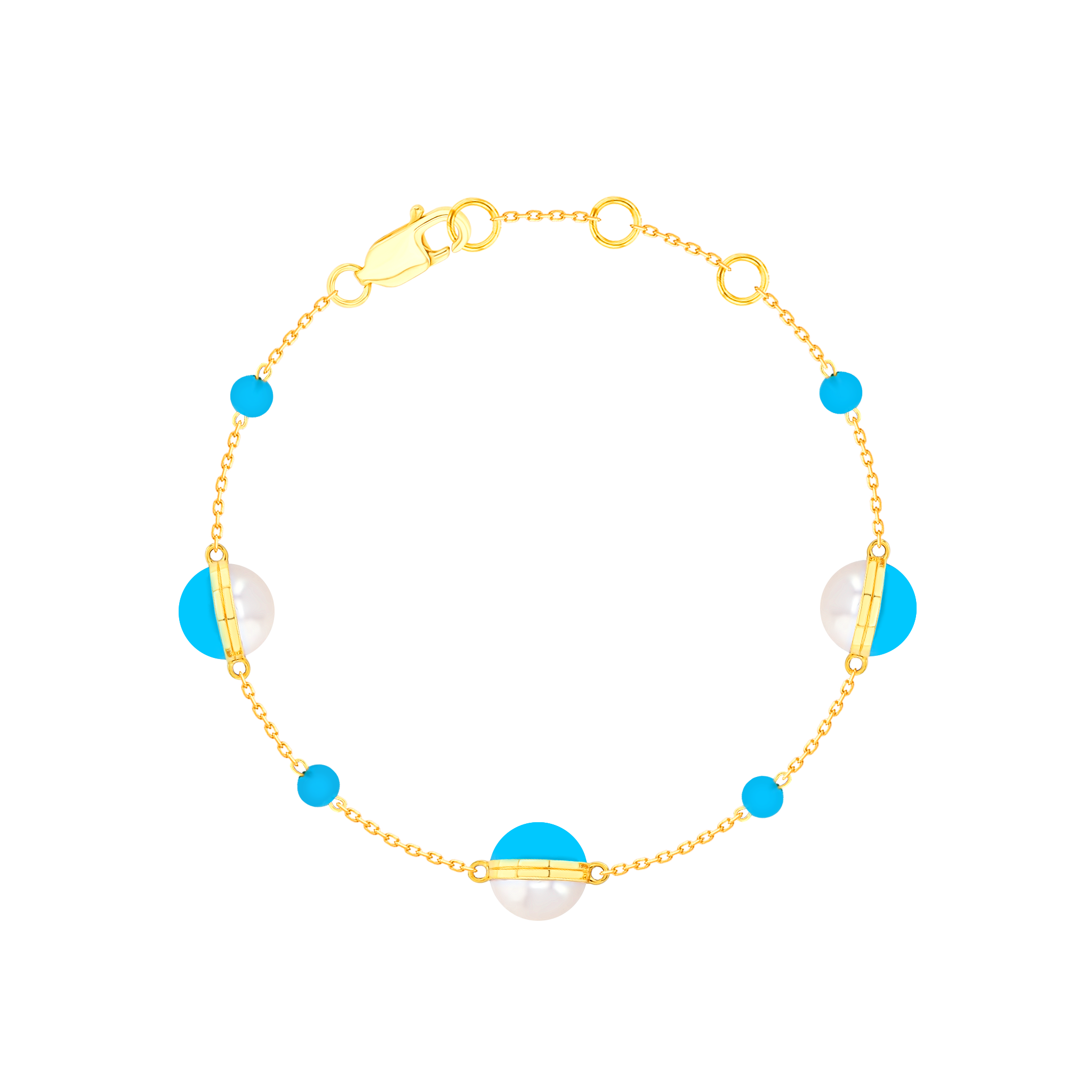 Glow Sphere Bracelet In 18K Yellow Gold With Freshwater Pearls And Turquoise Stones