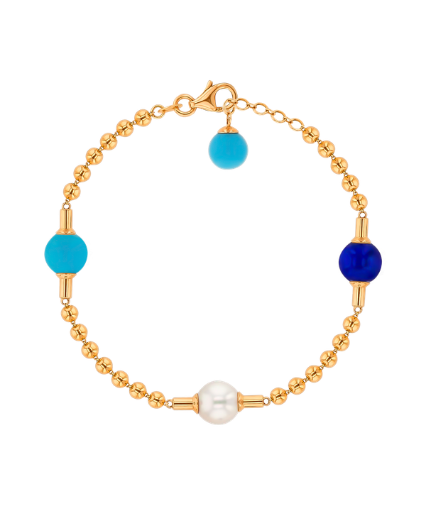 Glow Bracelet In 18k Yellow Gold With Two Turquoise Stones A Lapiz Lazuli Stone And A Freshwater Pearl On A Chain Of Golden Beads