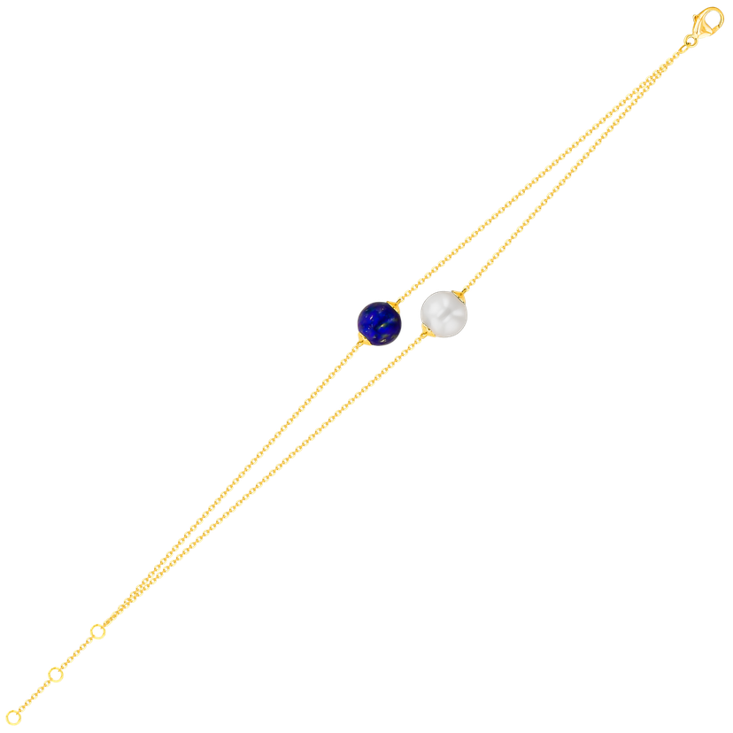 Glow Two Layered Bracelet In 18K Yellow Gold With A Freshwater Pearl And Lapiz Lazuli Stone