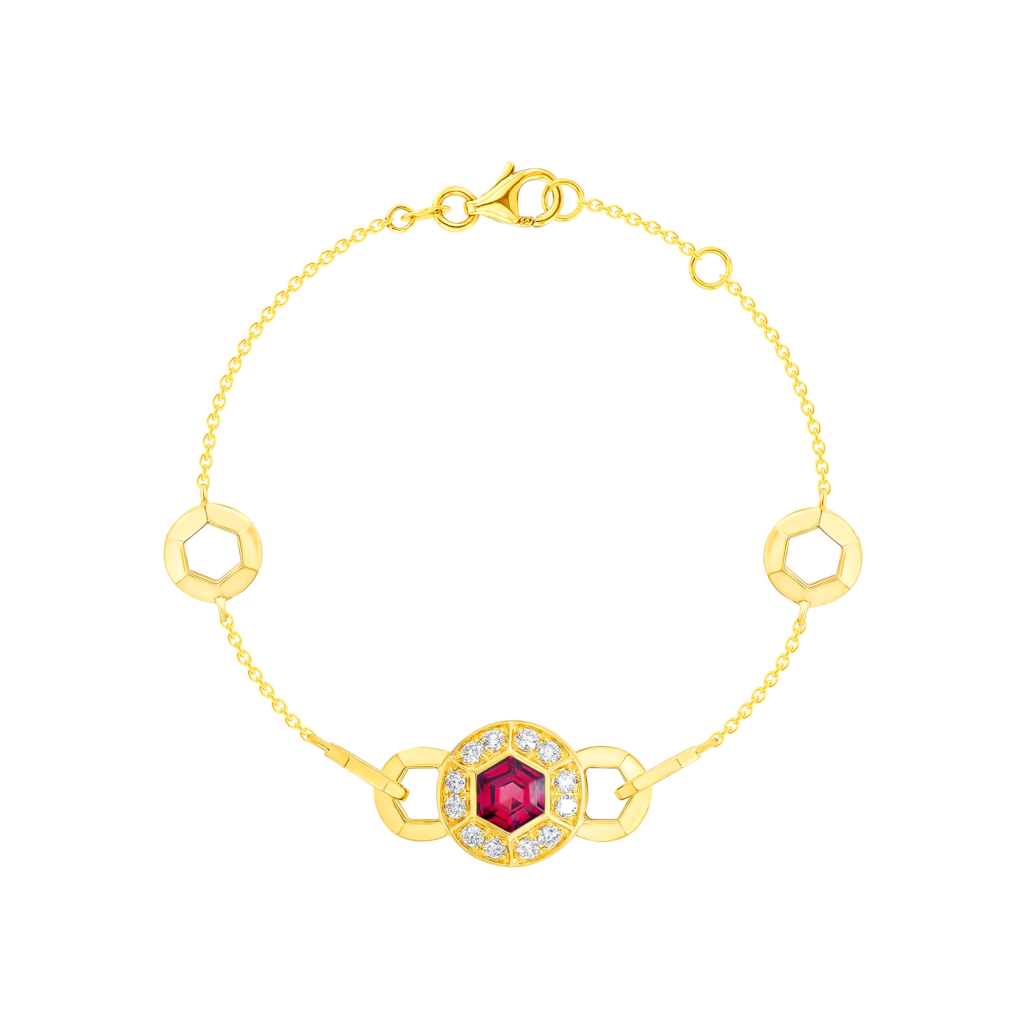 Kanzi Bracelet In 18K Yellow Gold And Studded With Raspberry Rhodolite And Diamond