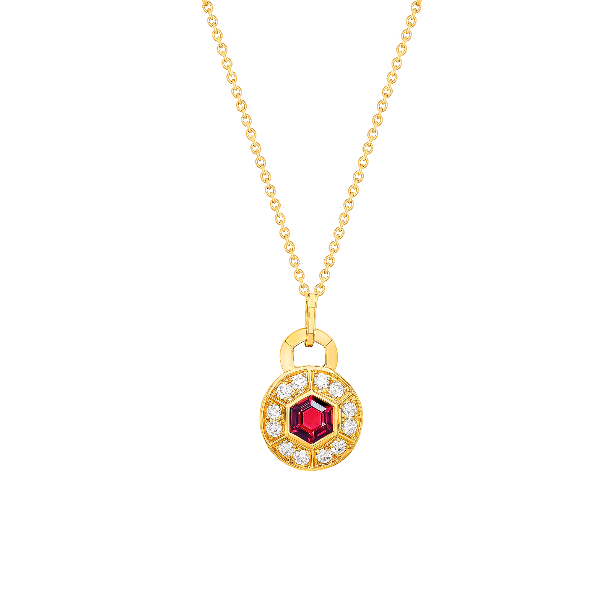 Kanzi Necklace In 18K Yellow Gold And Studded With Raspberry Rhodolite And Diamond