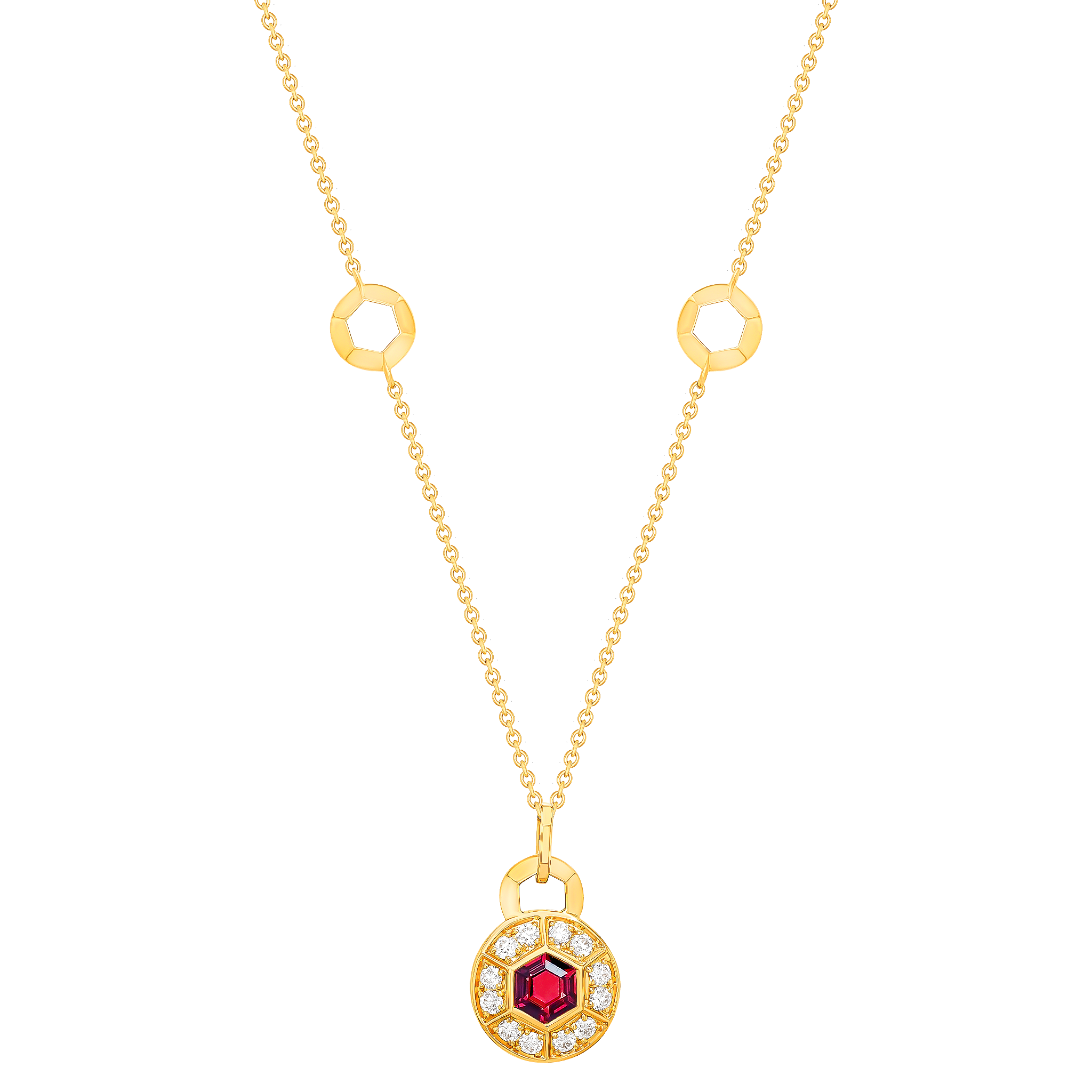 Kanzi Necklace In 18K Yellow Gold And Studded With Raspberry Rhodolite And Diamond