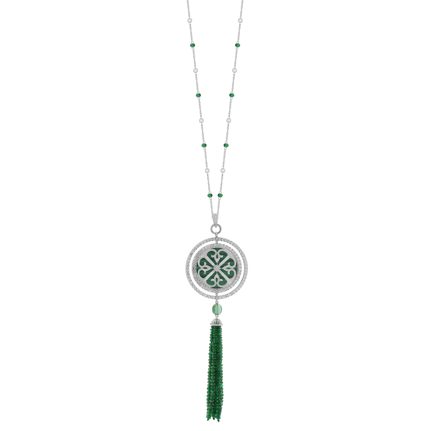 Lace Oria 18k White Gold Diamond Emerald And Malachite Necklace