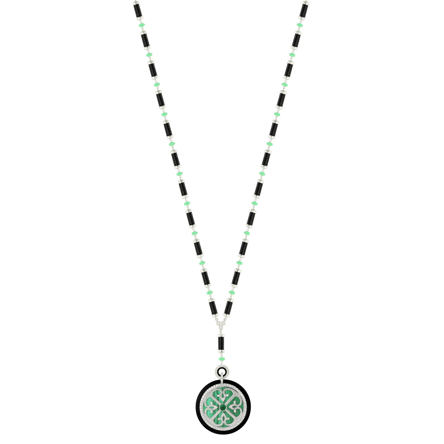 Lace Oria 18k White Gold Diamond Emerald And Black Onyx Necklace