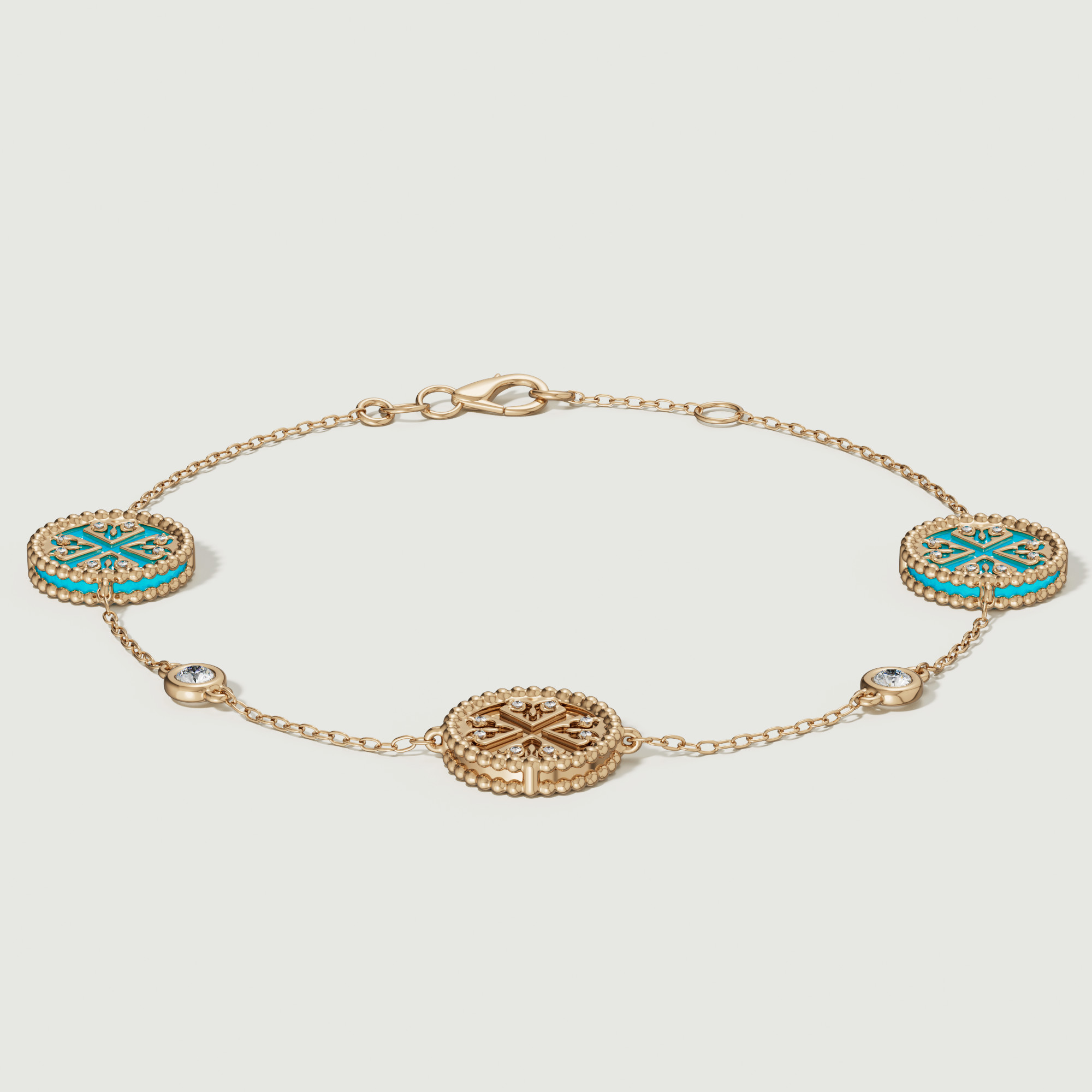 Lace Turquoise Stone Diamond Three Motifs Bracelet In 18k Yellow Hammered Gold