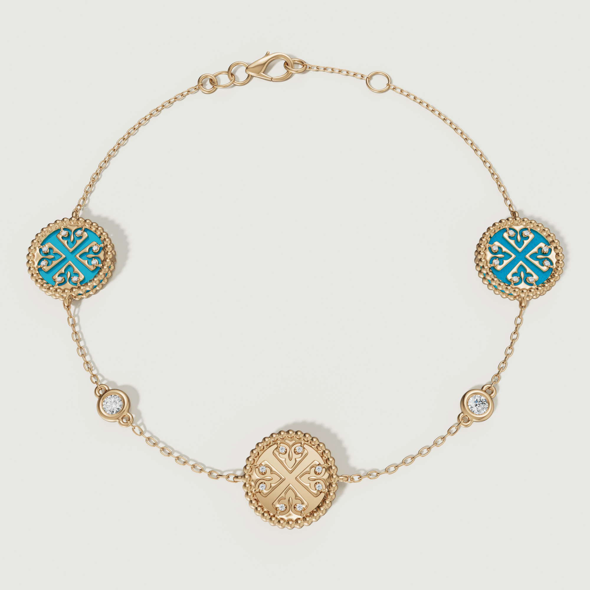 Lace Turquoise Stone Diamond Three Motifs Bracelet In 18k Yellow Hammered Gold