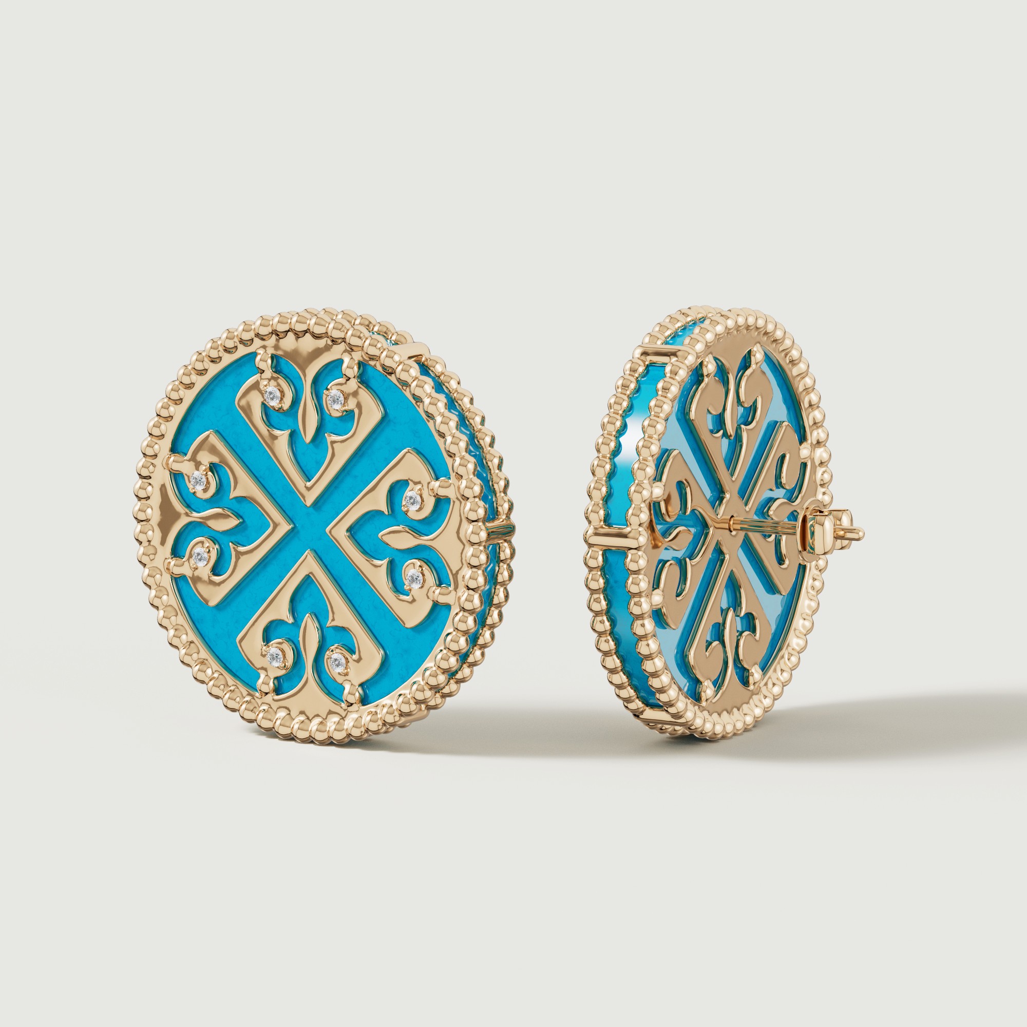 Lace Turquoise Stone Diamond Stud Earrings In 18k Yellow Gold