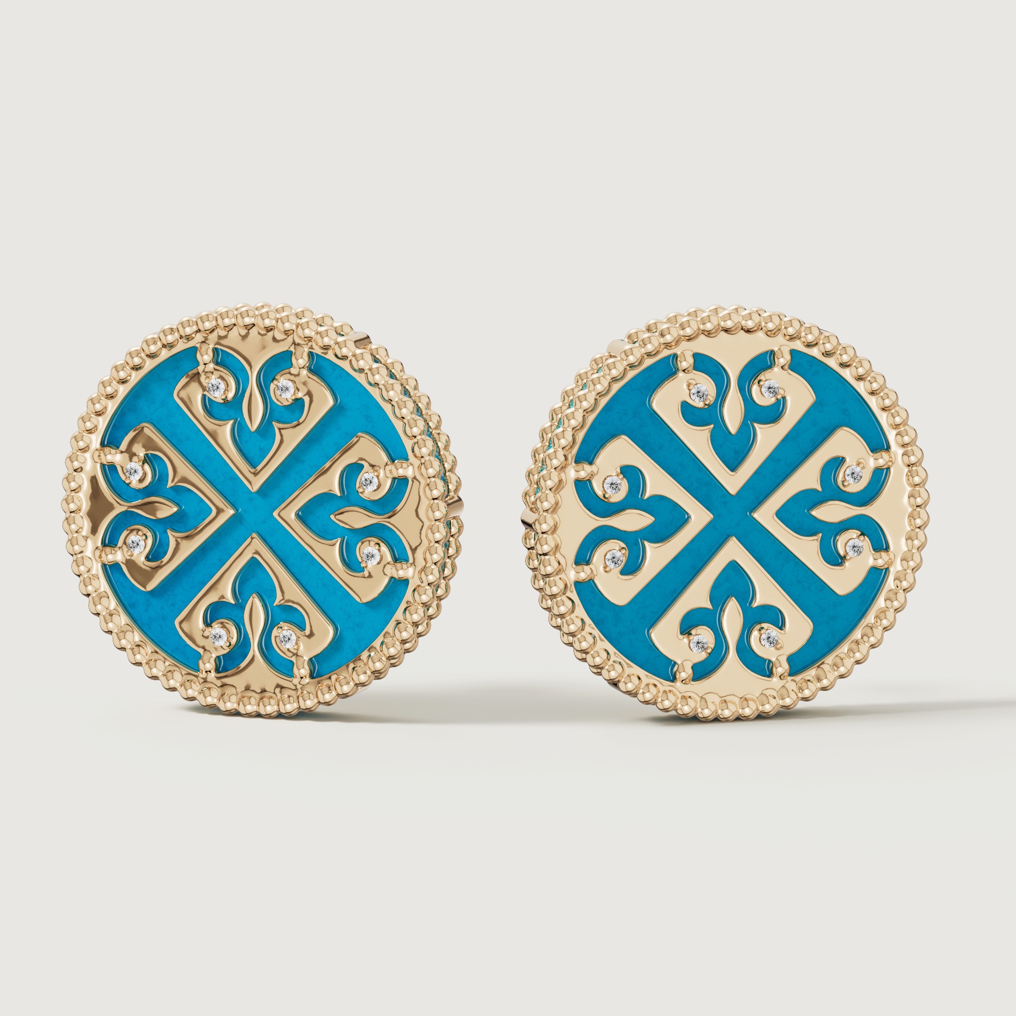 Lace Turquoise Stone Diamond Stud Earrings In 18k Yellow Gold