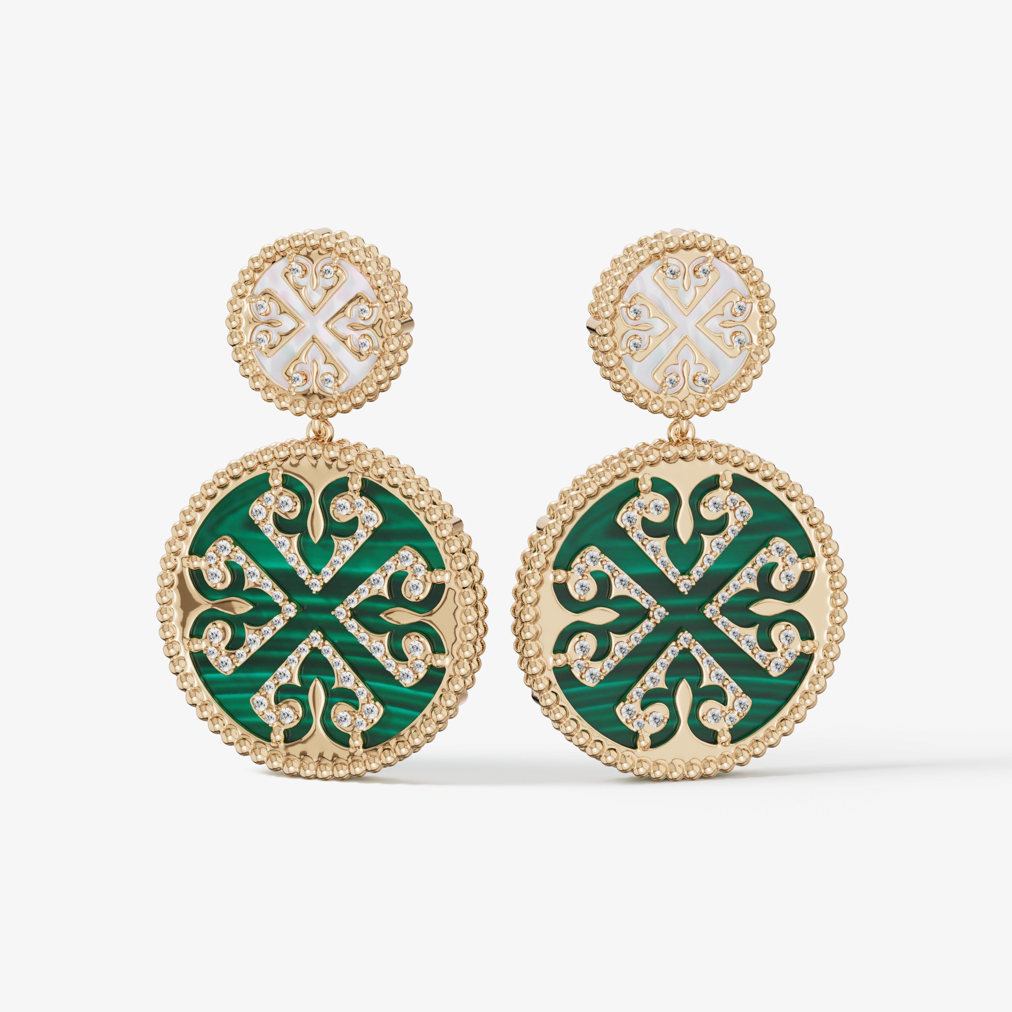Lace Malachite Stone Diamond Two Motifs Earrings In 18k Yellow Gold