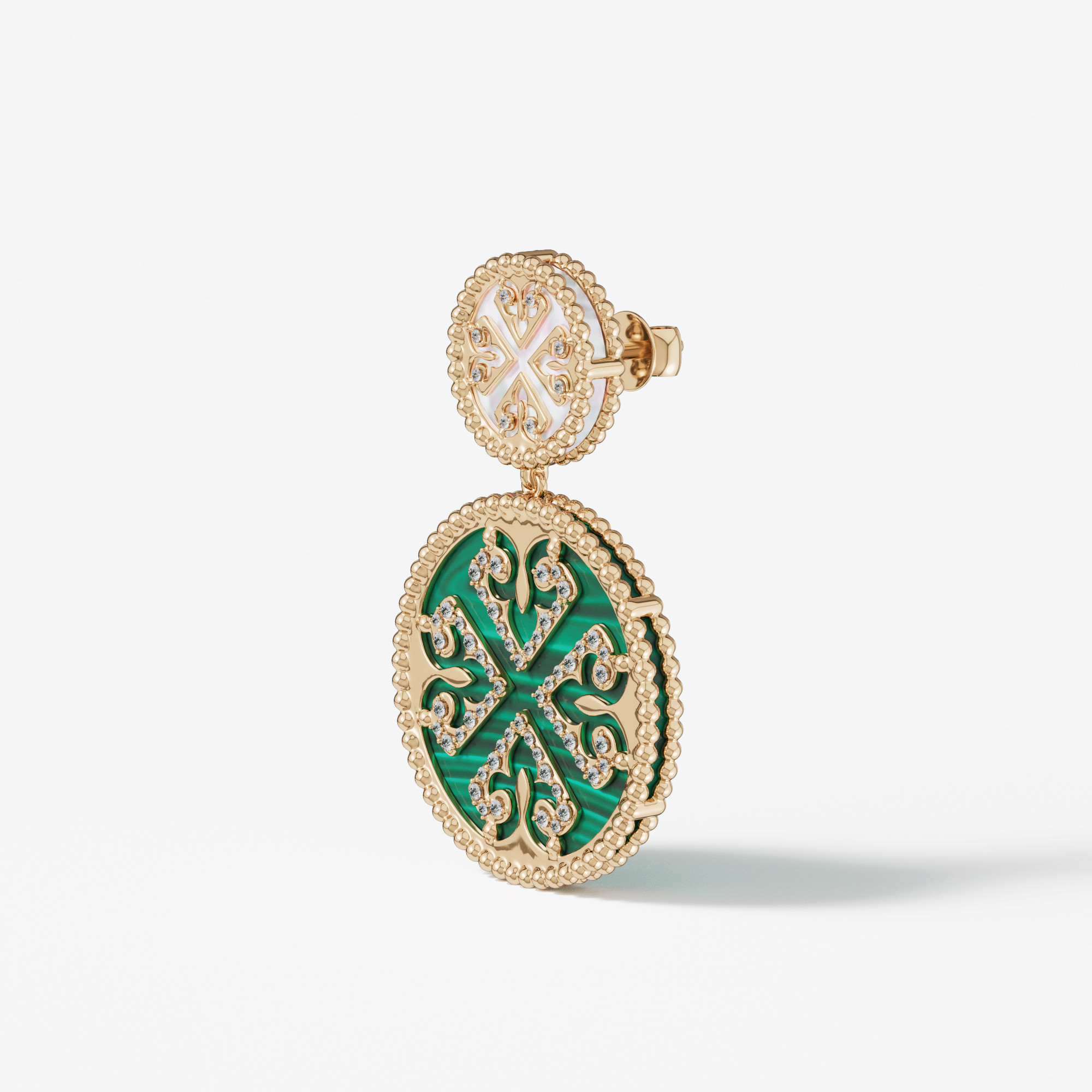 Lace Malachite Stone Diamond Two Motifs Earrings In 18k Yellow Gold