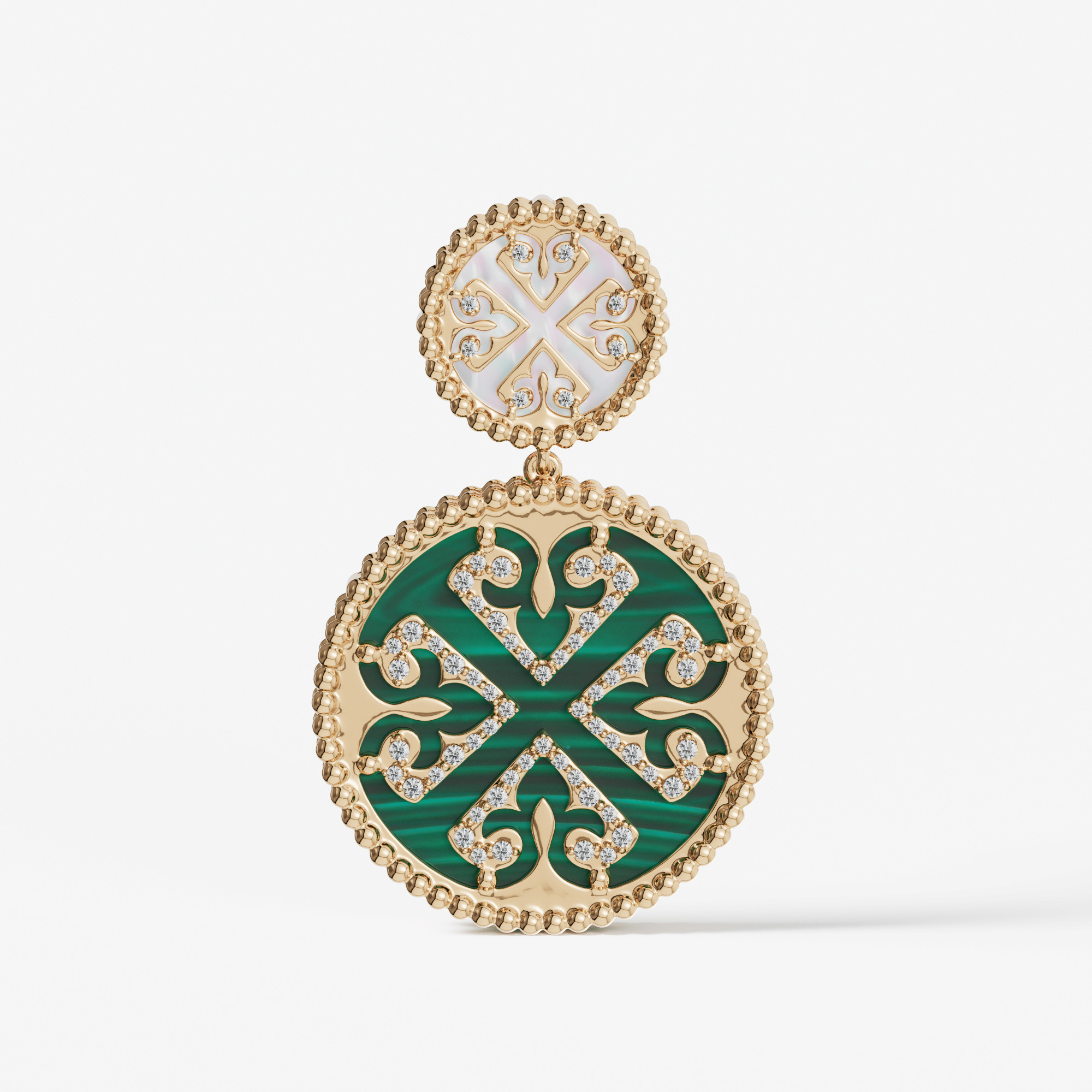 Lace Malachite Stone Diamond Two Motifs Earrings In 18k Yellow Gold