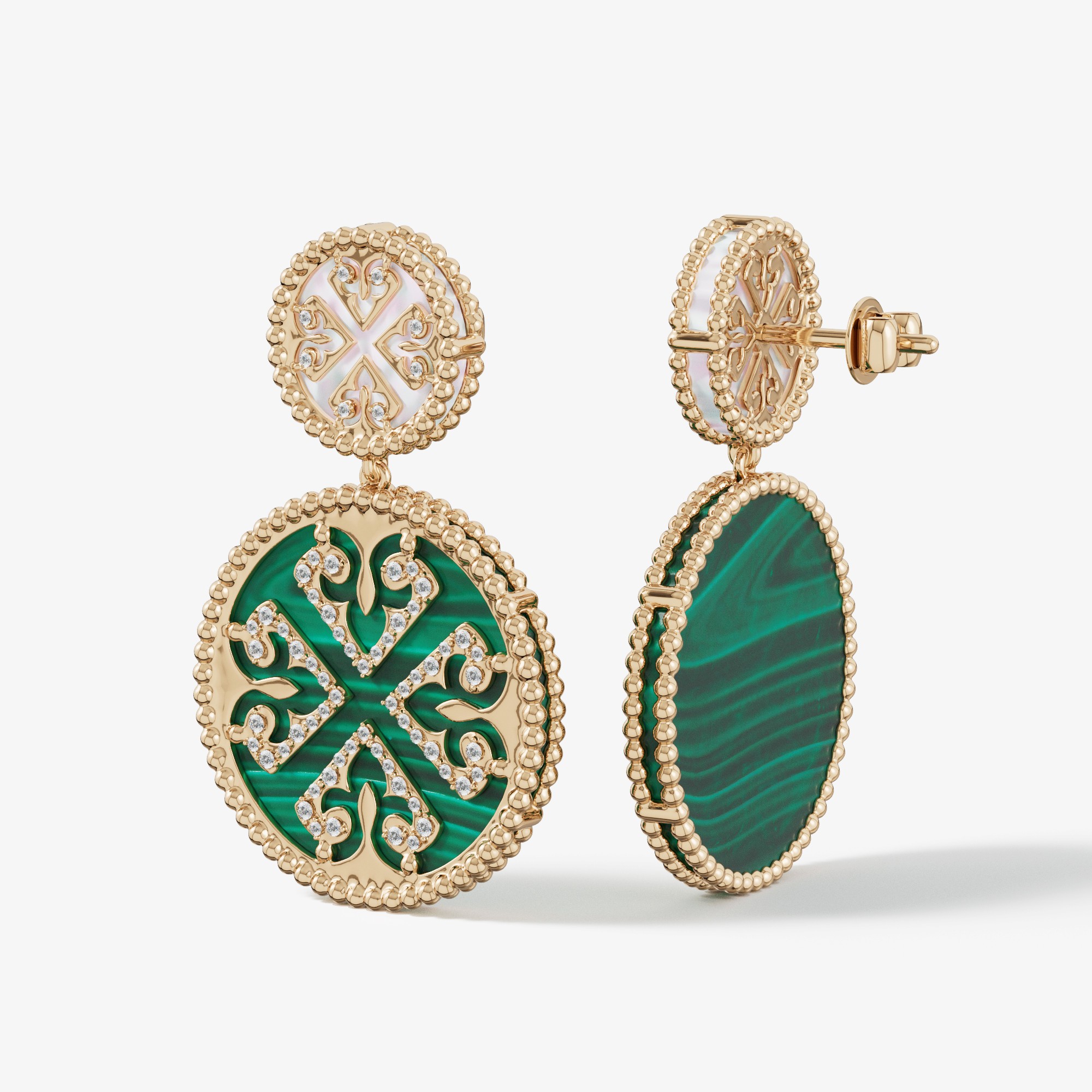 Lace Malachite Stone Diamond Two Motifs Earrings In 18k Yellow Gold