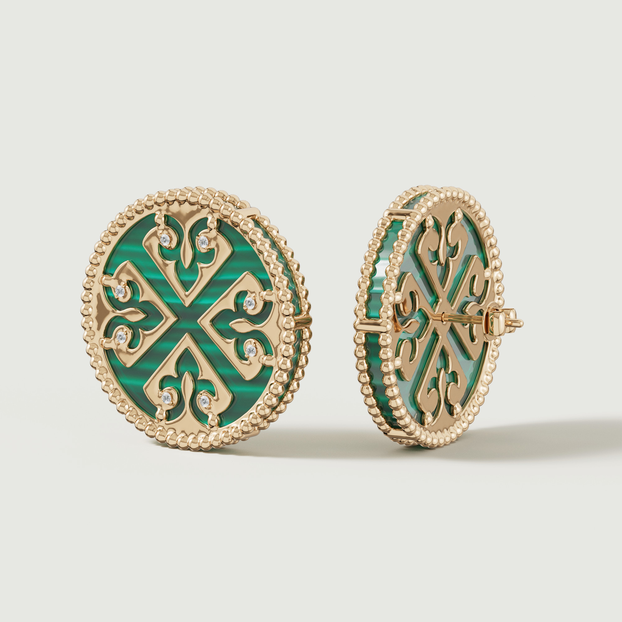 Lace Single Medallion Earrings In 18k Rose Gold With Malachite And Diamonds