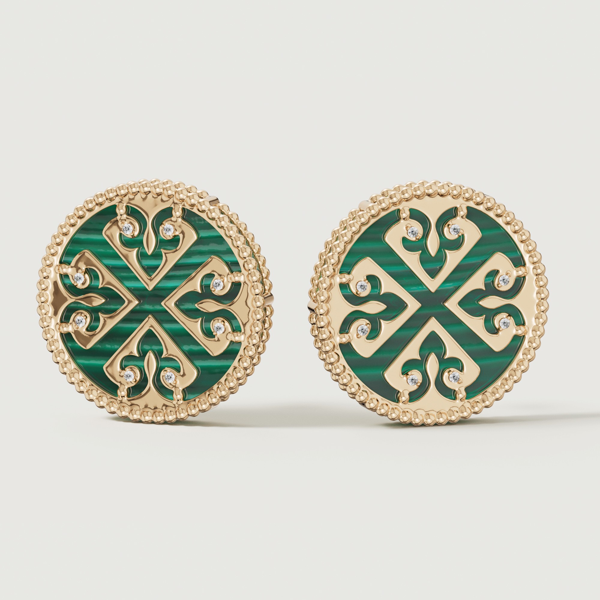 Lace Single Medallion Earrings In 18k Rose Gold With Malachite And Diamonds