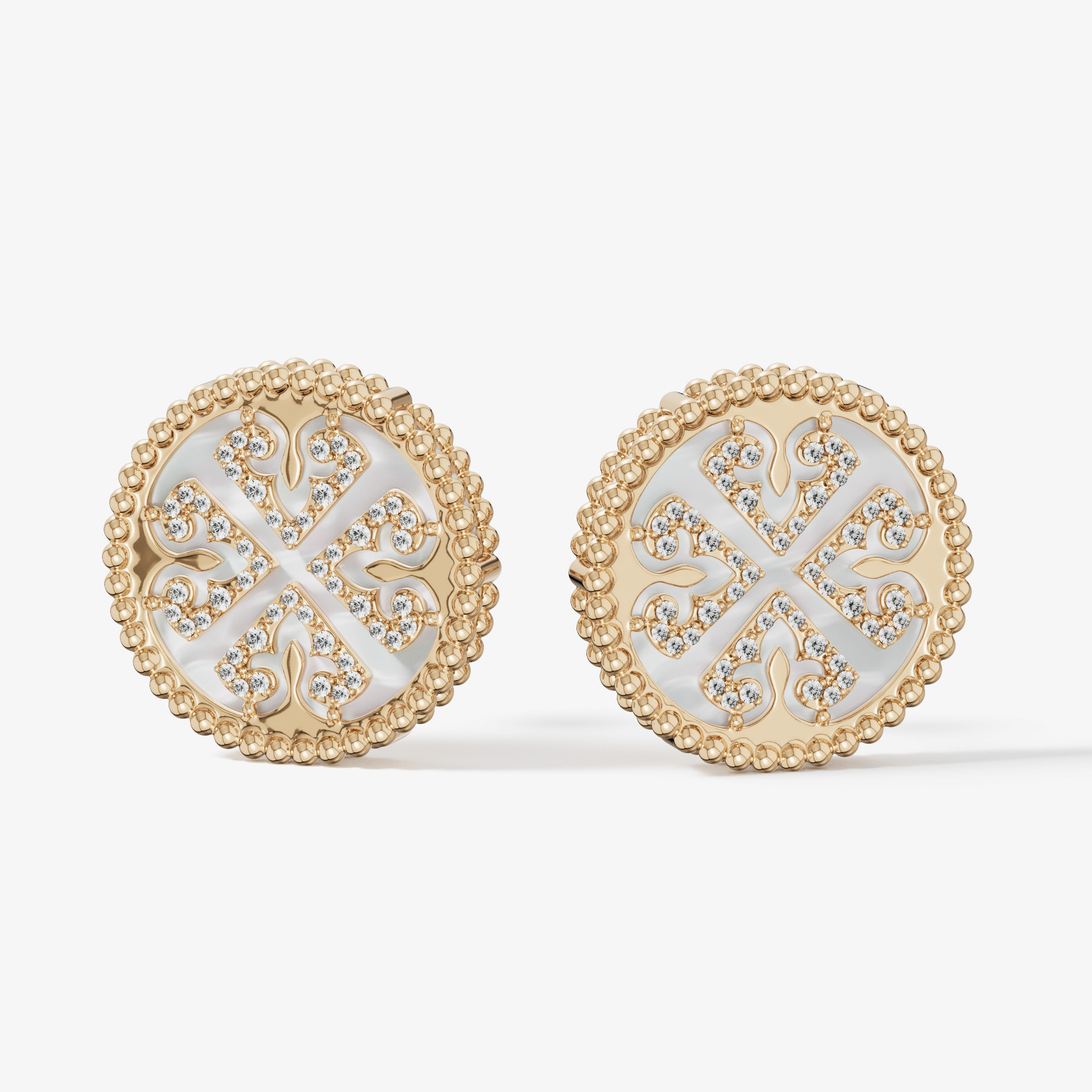 Lace White Mother Of Pearl Diamond Earrings In 18K Yellow Gold