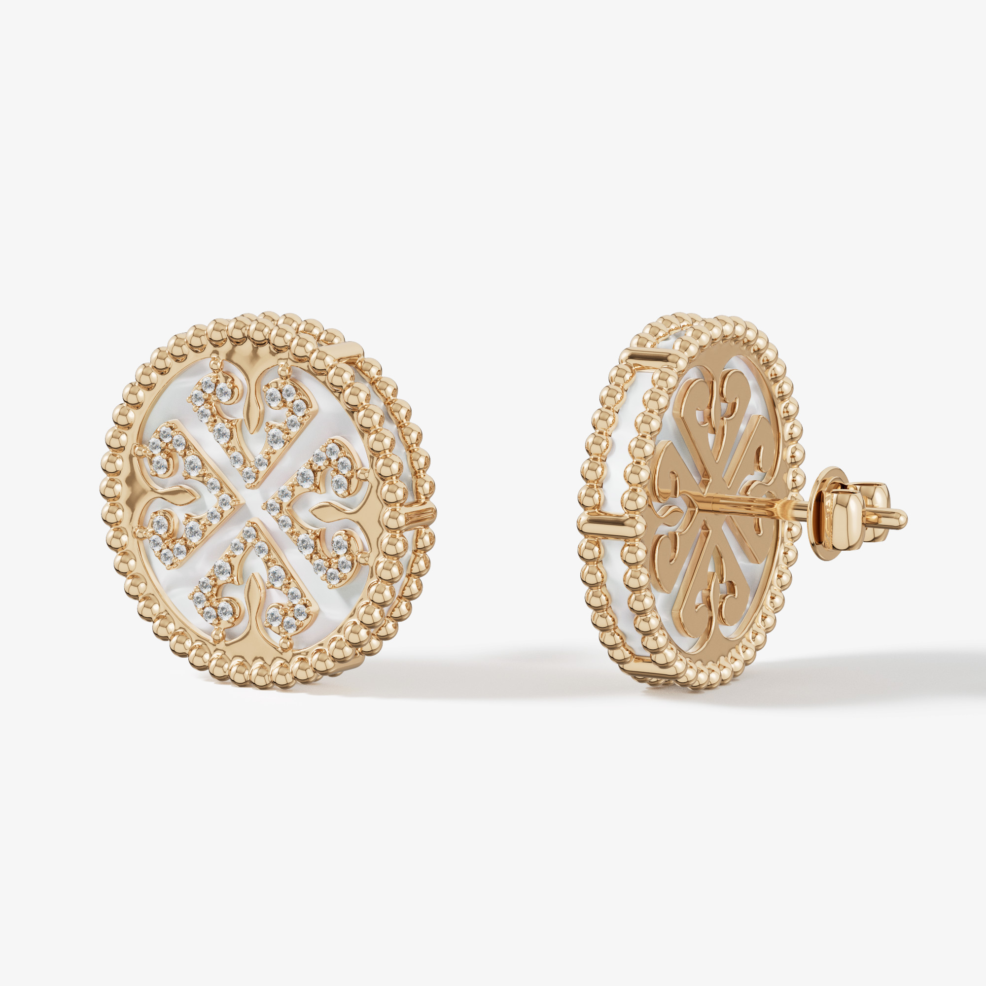 Lace White Mother Of Pearl Diamond Earrings In 18K Yellow Gold