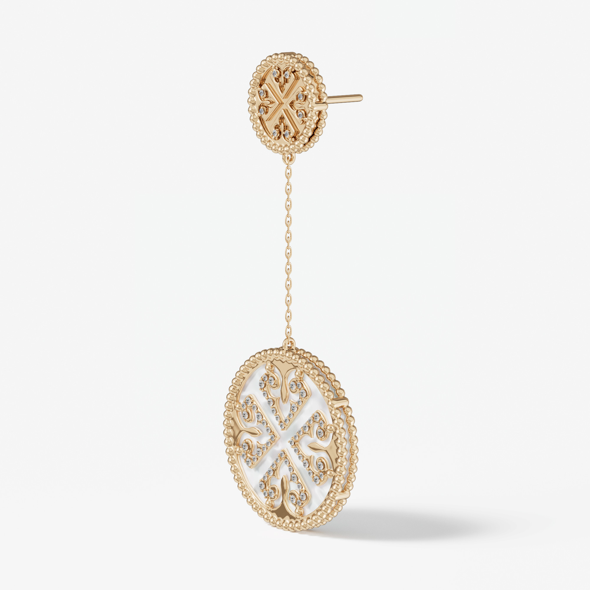 Lace White Mother Of Pearl Diamond Drop Earrings In 18K Yellow Gold