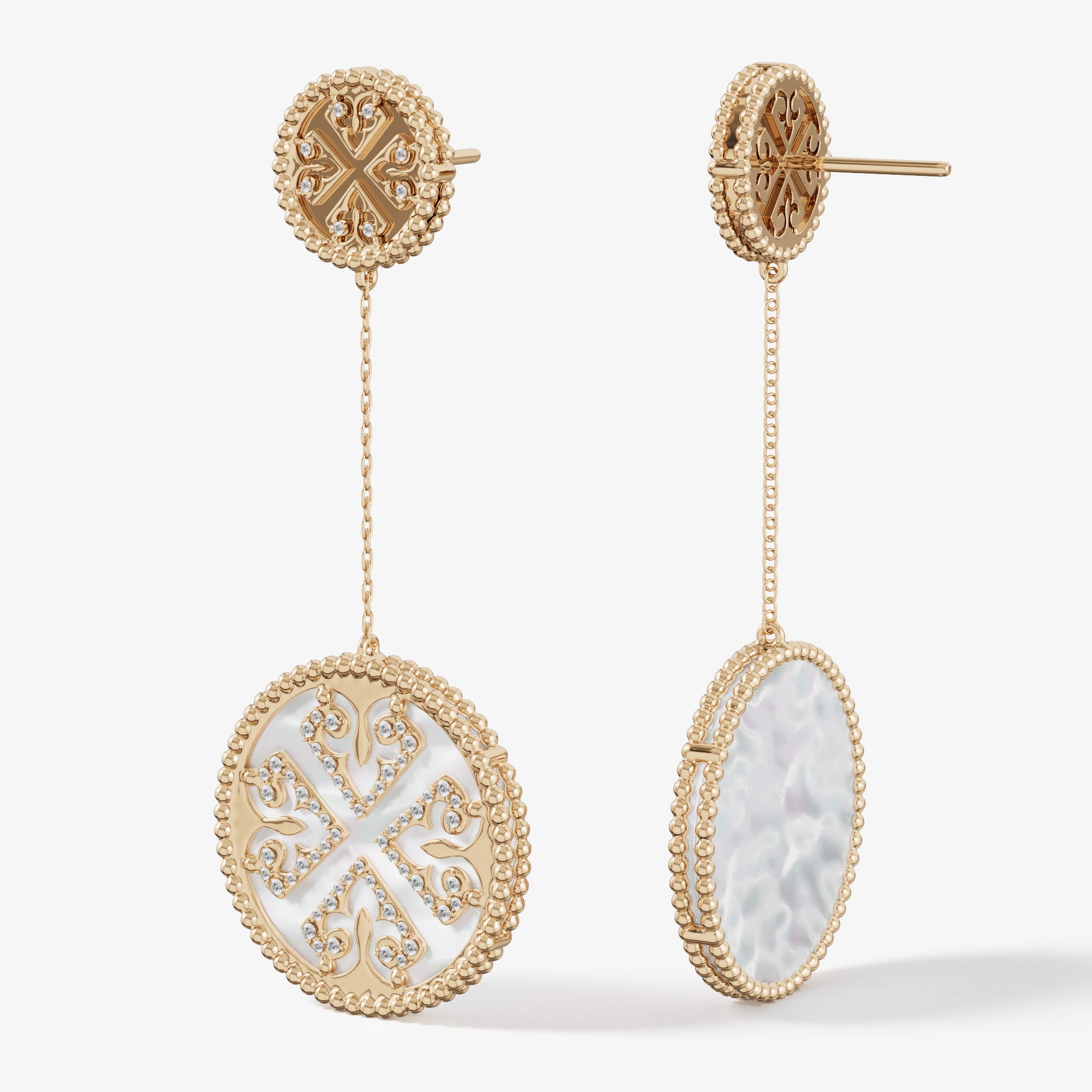 Lace White Mother Of Pearl Diamond Drop Earrings In 18K Yellow Gold