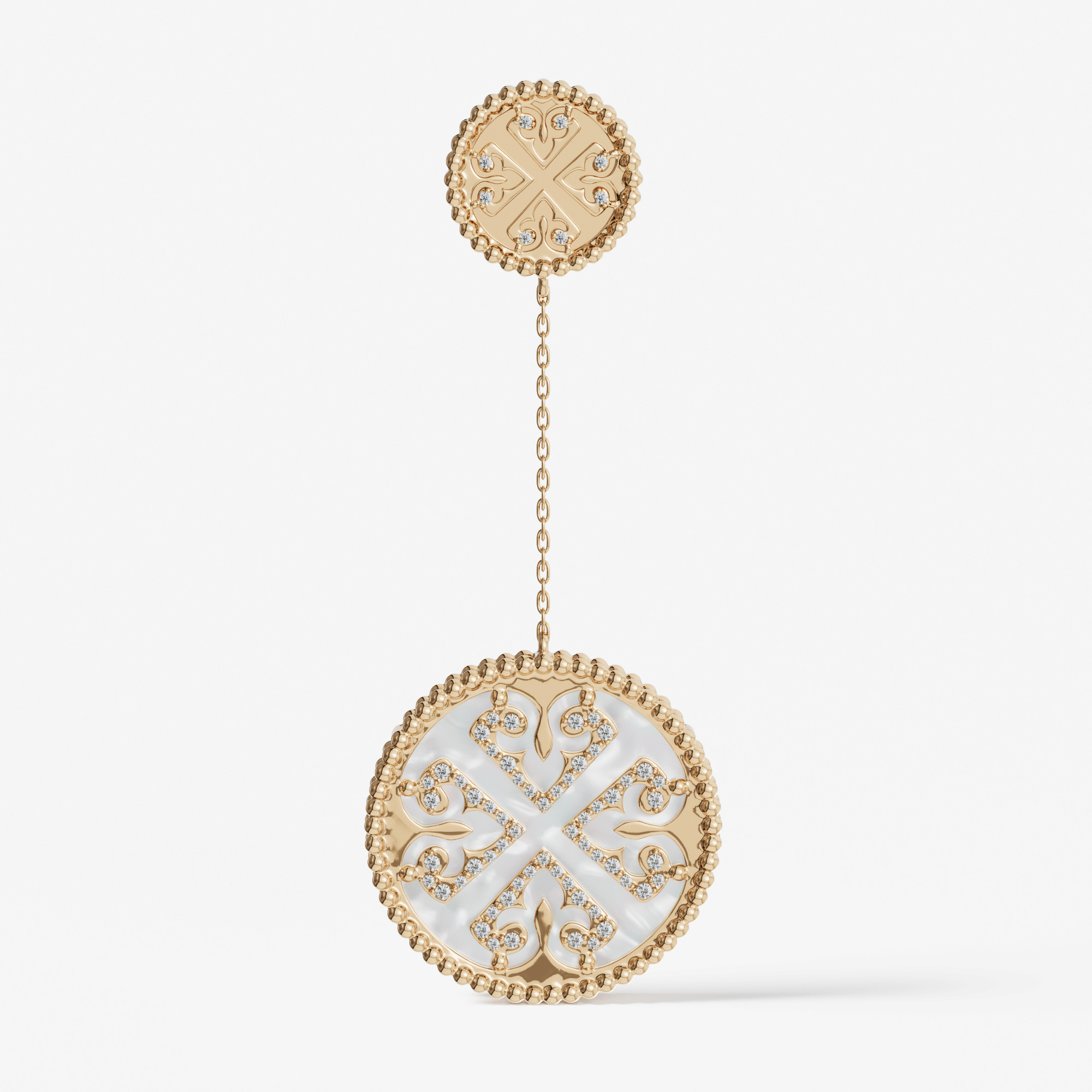 Lace White Mother Of Pearl Diamond Drop Earrings In 18K Yellow Gold
