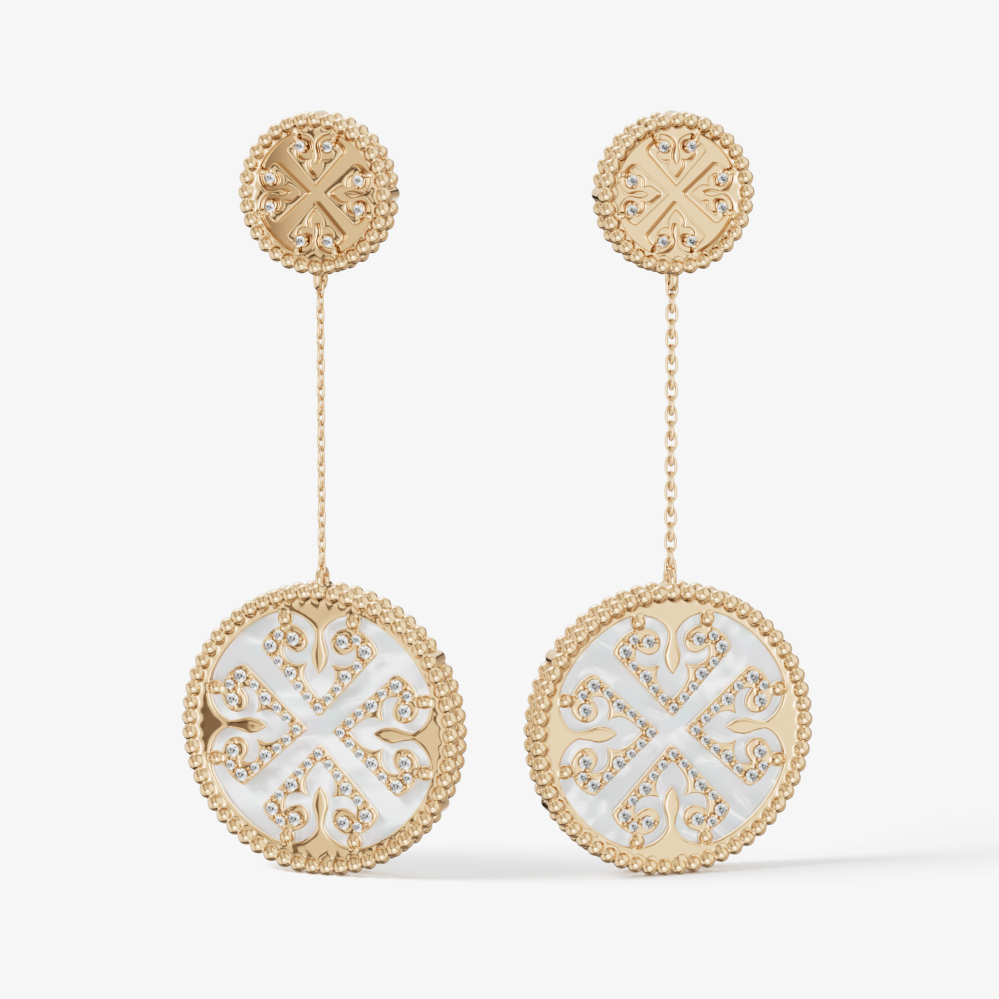 Lace White Mother Of Pearl Diamond Drop Earrings In 18K Yellow Gold