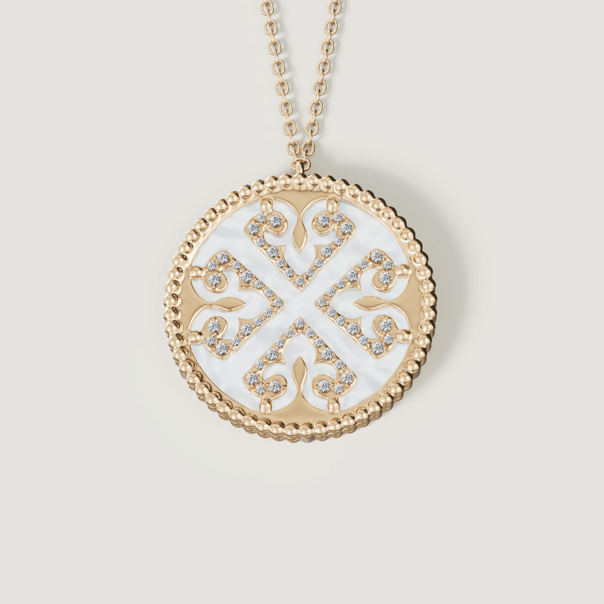 Lace White Mother Of Pearl Diamond Necklace In 18k Yellow Gold