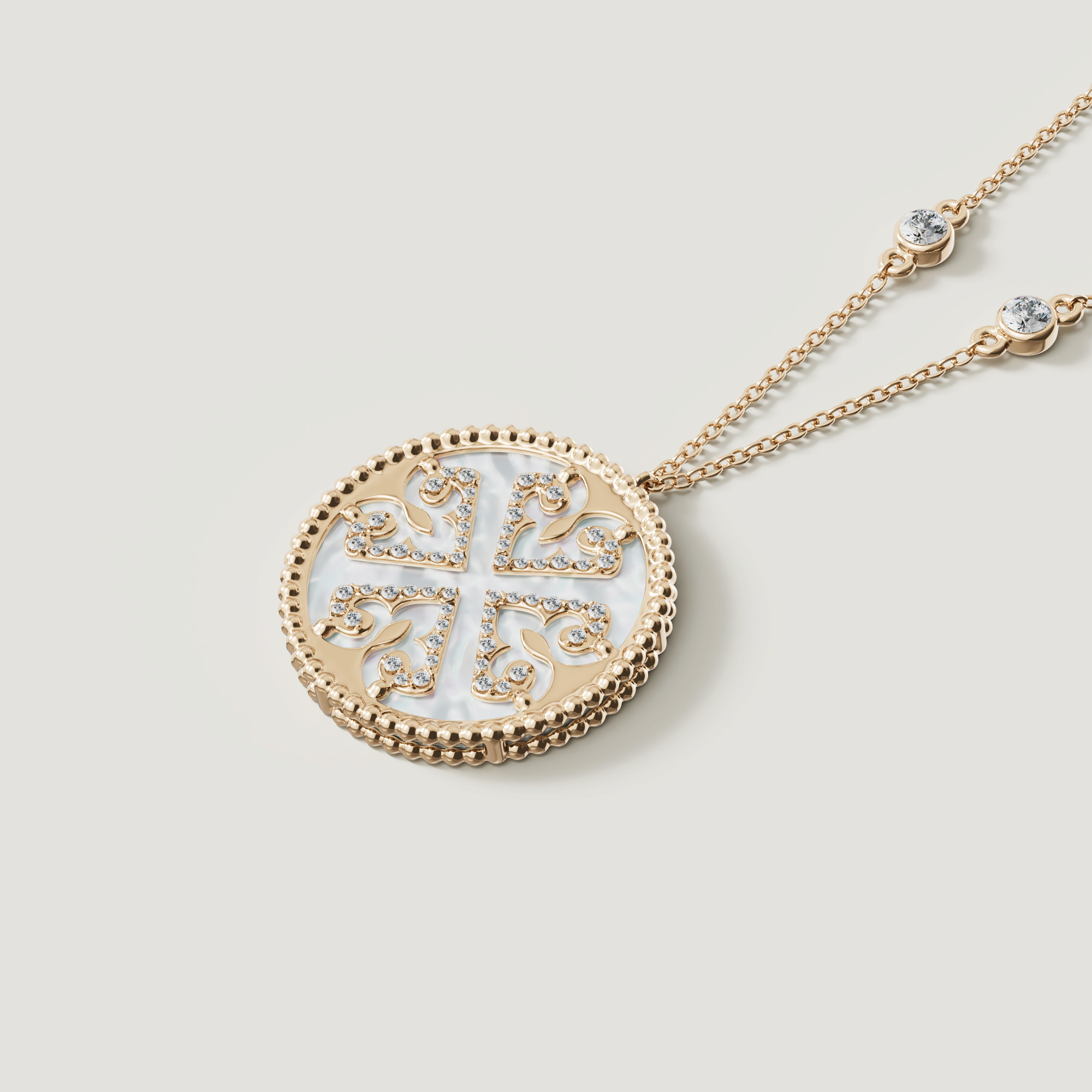 Lace White Mother Of Pearl Diamond Necklace In 18k Yellow Gold