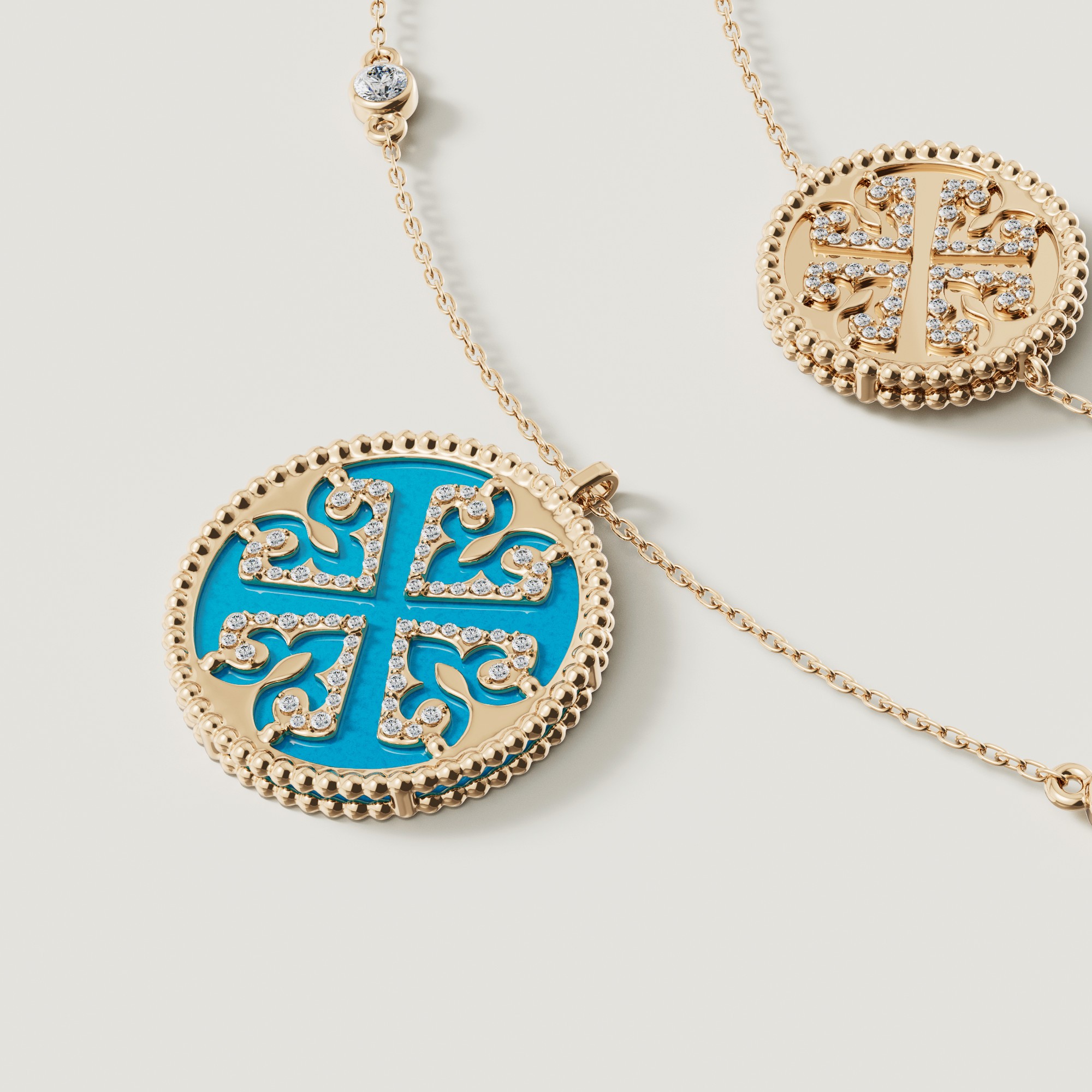 Lace Turquoise Stone With White Mother Of Pearl Diamond Two Layerd Necklace In 18K Yellow Gold