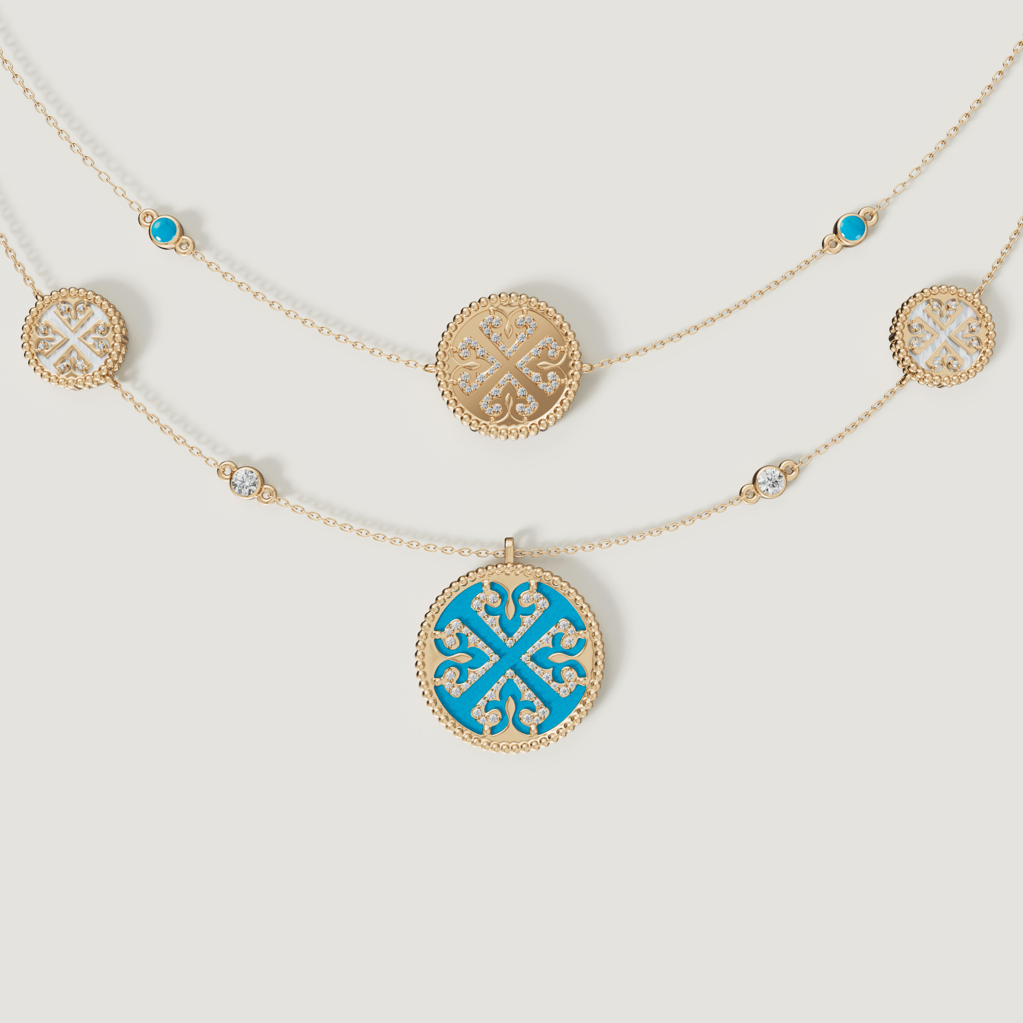 Lace Turquoise Stone With White Mother Of Pearl Diamond Two Layerd Necklace In 18K Yellow Gold