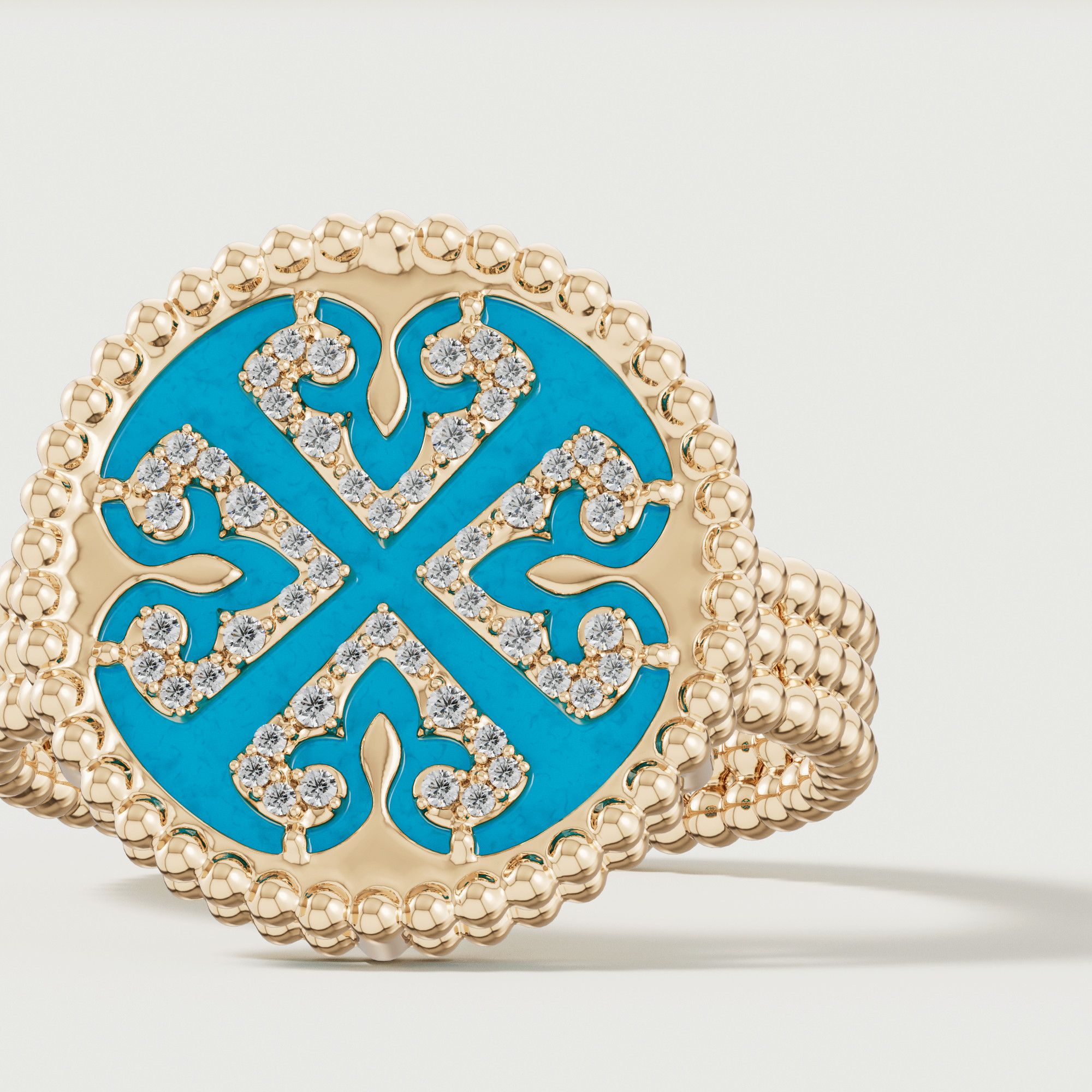 Lace Turquoise Stone Diamond Ring In 18k Yellow Gold