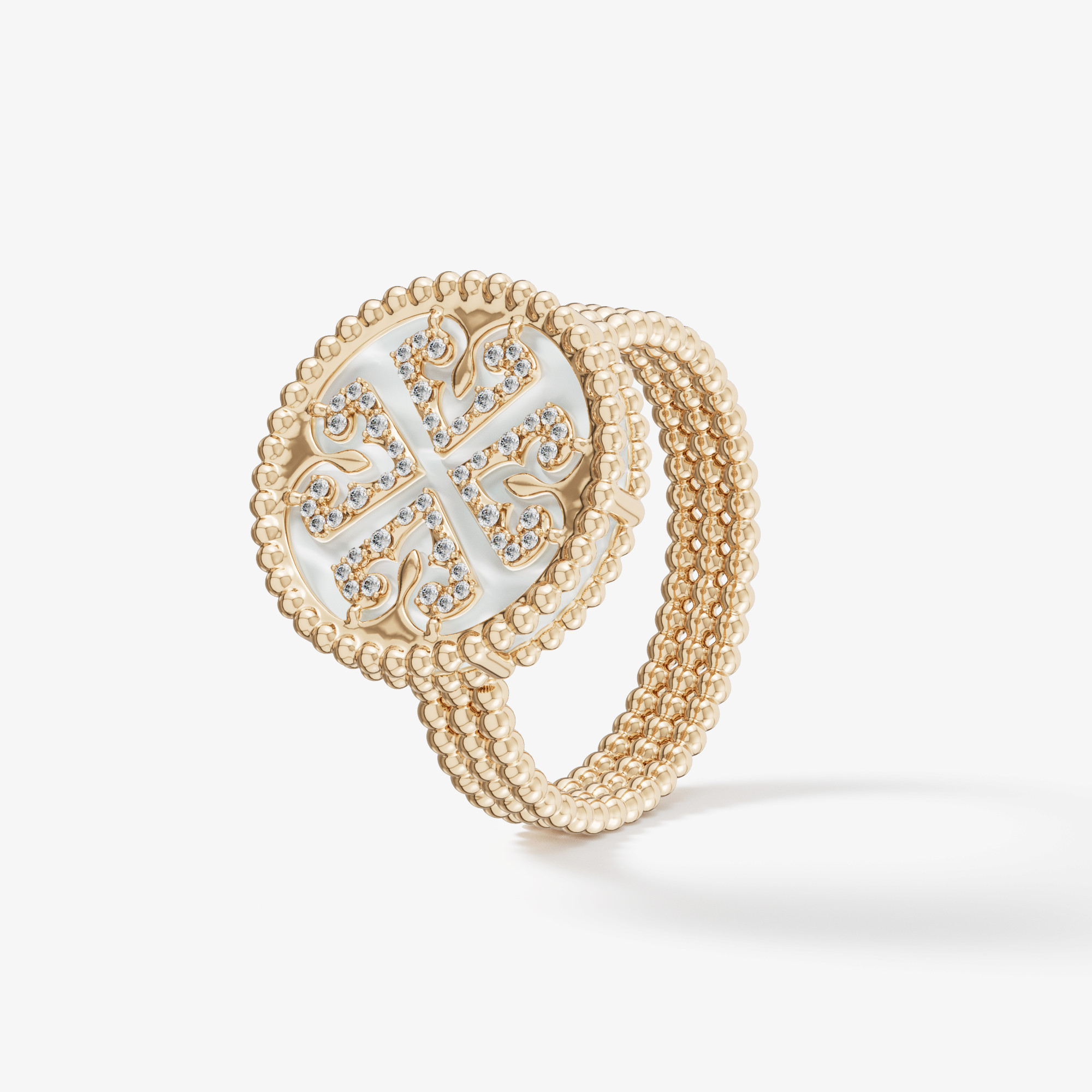 Lace White Mother Of Pearl Diamond Ring In 18k Yellow Gold