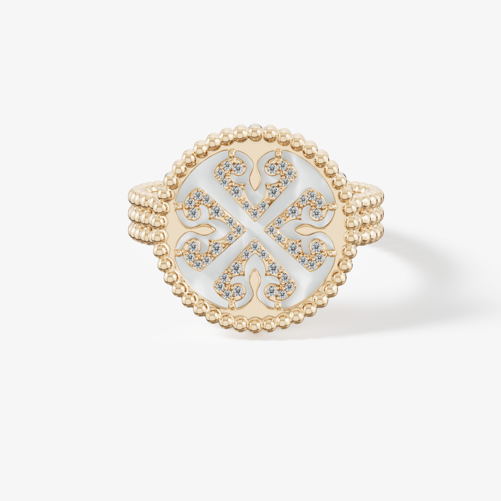 Lace White Mother Of Pearl Diamond Ring In 18k Yellow Gold