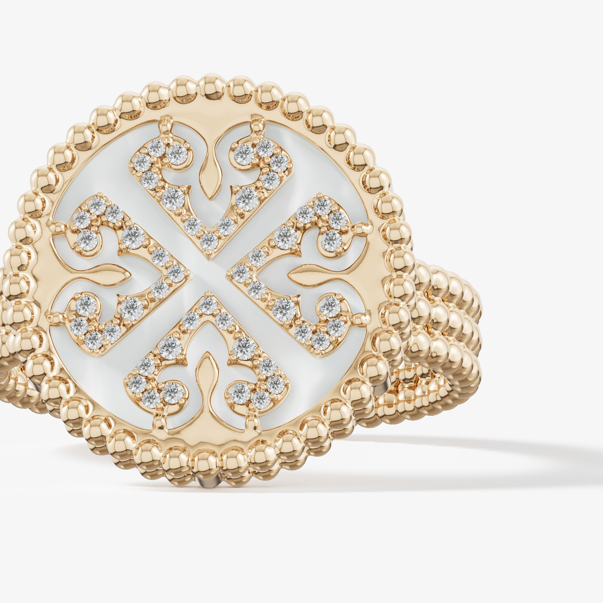 Lace White Mother Of Pearl Diamond Ring In 18k Yellow Gold